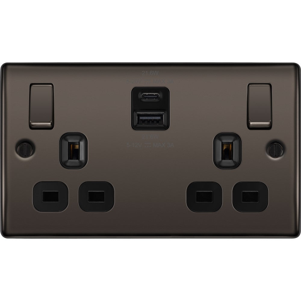 BG Nexus 13A Double USB Socket - 22W Fast Charging, Black Nickel (A+C Ports) - Perfect for Home, Office & Travel Charging Needs