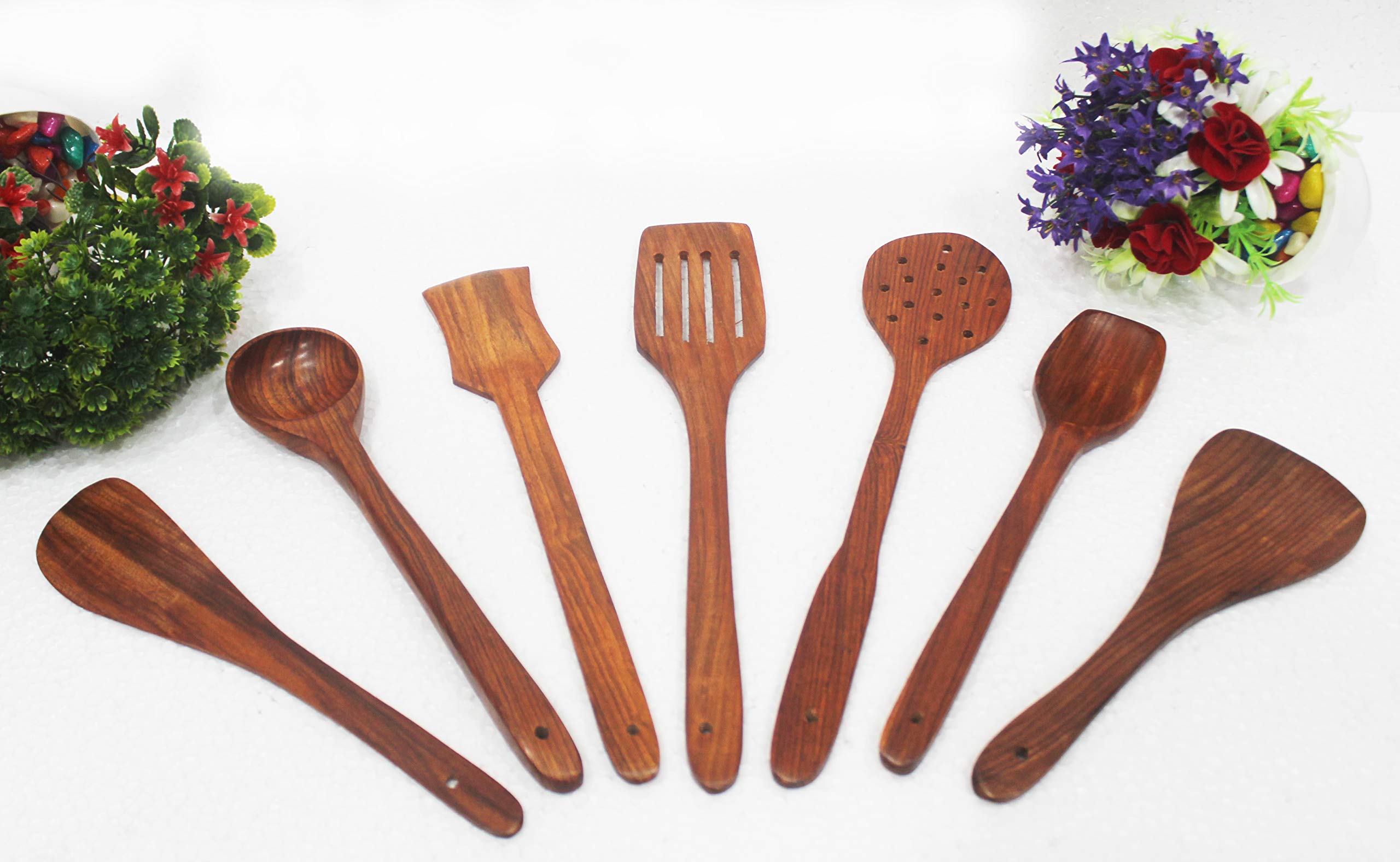 CRAFTCASTLE 7-Piece Sheesham Wooden Serving & Cooking Spoon Set - Natural Brown Kitchen Utensils for Cooking, Serving & Dining - Perfect for Home, Restaurants & Gifting