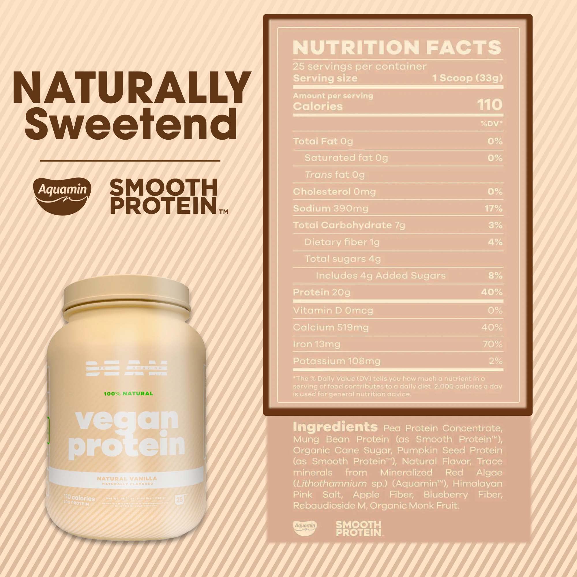 Be Amazing Vegan Protein Powder - 20g Plant-Based Protein with Prebiotics Fibers | Sugar-Free, Gluten-Free, Low Carb, Non-Dairy Shake Mix | Natural Vanilla Flavor, 25 Servings | Perfect for Post-Workout Recovery & Healthy Smoothies