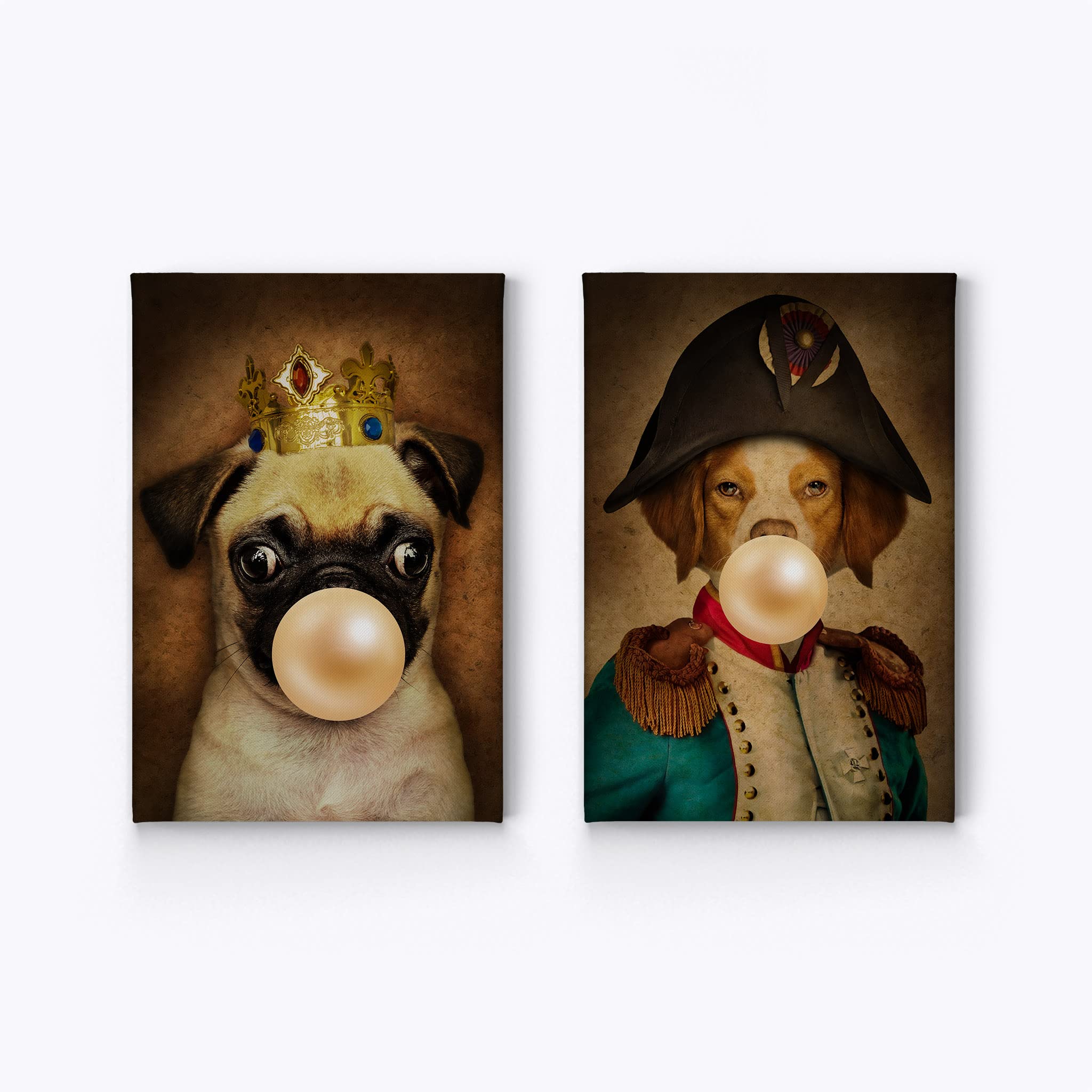 King Pug & Epagneul Breton Dog Portrait Canvas Art Set - Crowned Pug Chewing Bubble Gum Wall Decor for Living Room, Bedroom, Nursery (2-Piece 40x30 Inch)
