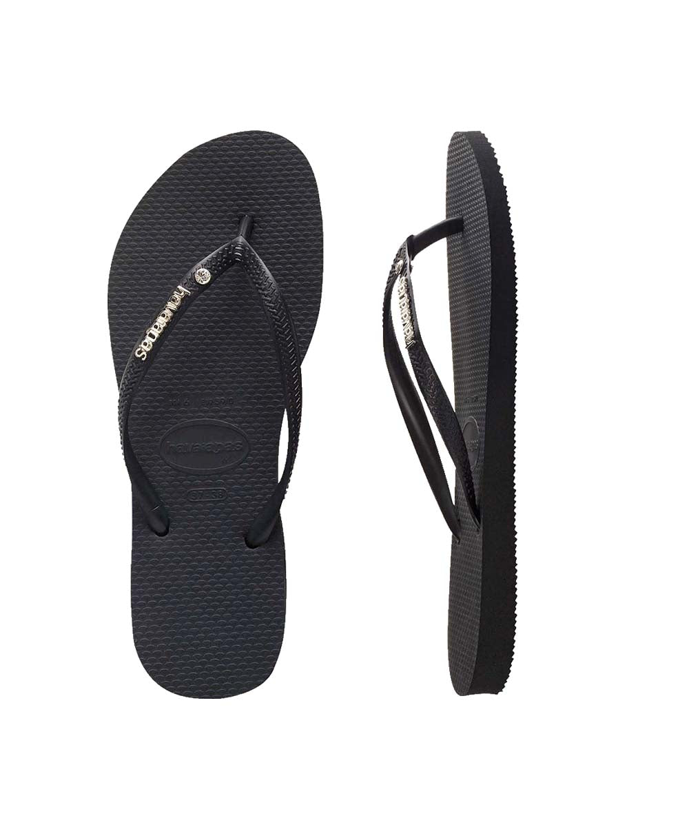 Havaianas Women's Slim Flip Flops with Metal Logo & Crystal Accents - Comfortable Summer Sandals for Beach, Pool, and Casual Wear