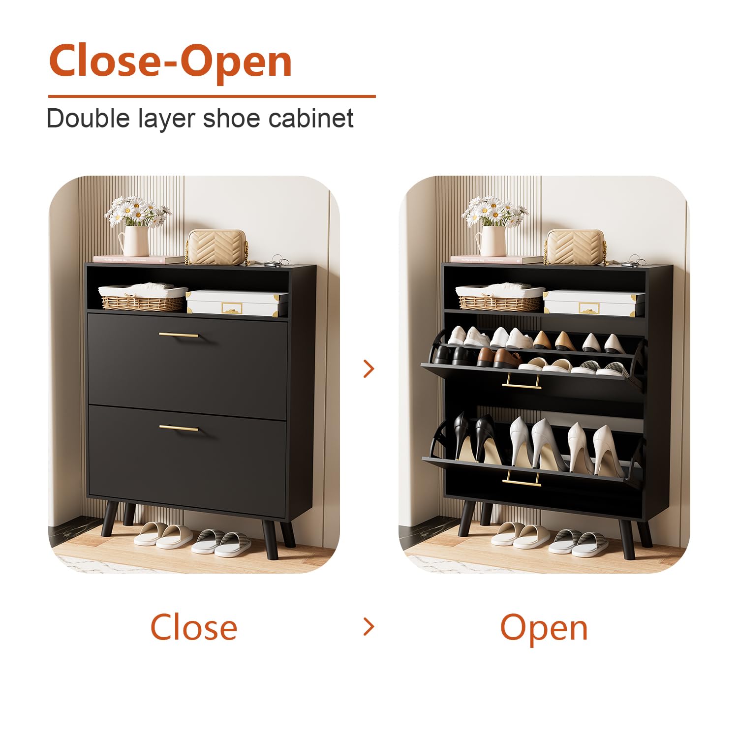 Modern Black Shoe Cabinet with 2 Flip Drawers - 2 Tier Freestanding Shoe Organizer for Entryway, Hallway & Living Room - Space Saving Storage Solution for Shoes, Boots & Accessories - Perfect for Small Apartments & Clutter-Free Homes