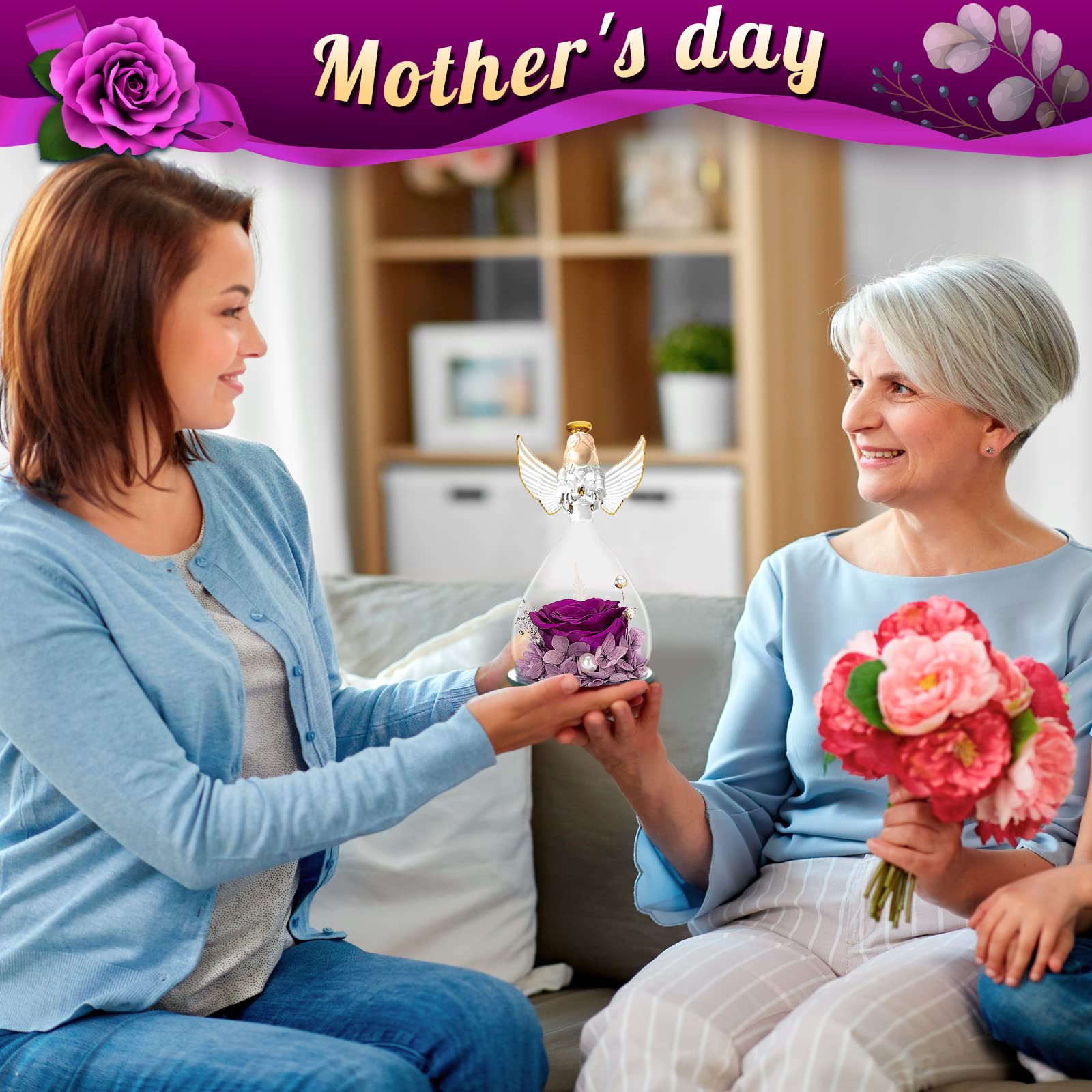 Eternal Purple Rose Angel Figurine - Preserved Flower Gift for Mother's Day, Birthday, Grandma & Women | Home Decor, Keepsake & Sentimental Present