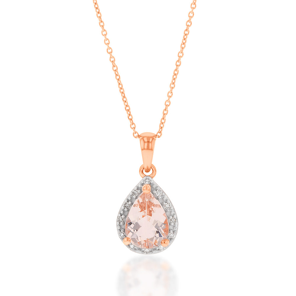 9ct Rose Gold 1.00ct Morganite 8x6mm Pear & Diamond Pendant Necklace with 45cm Chain - Elegant Jewelry Gift for Women, Perfect for Weddings, Anniversaries & Special Occasions