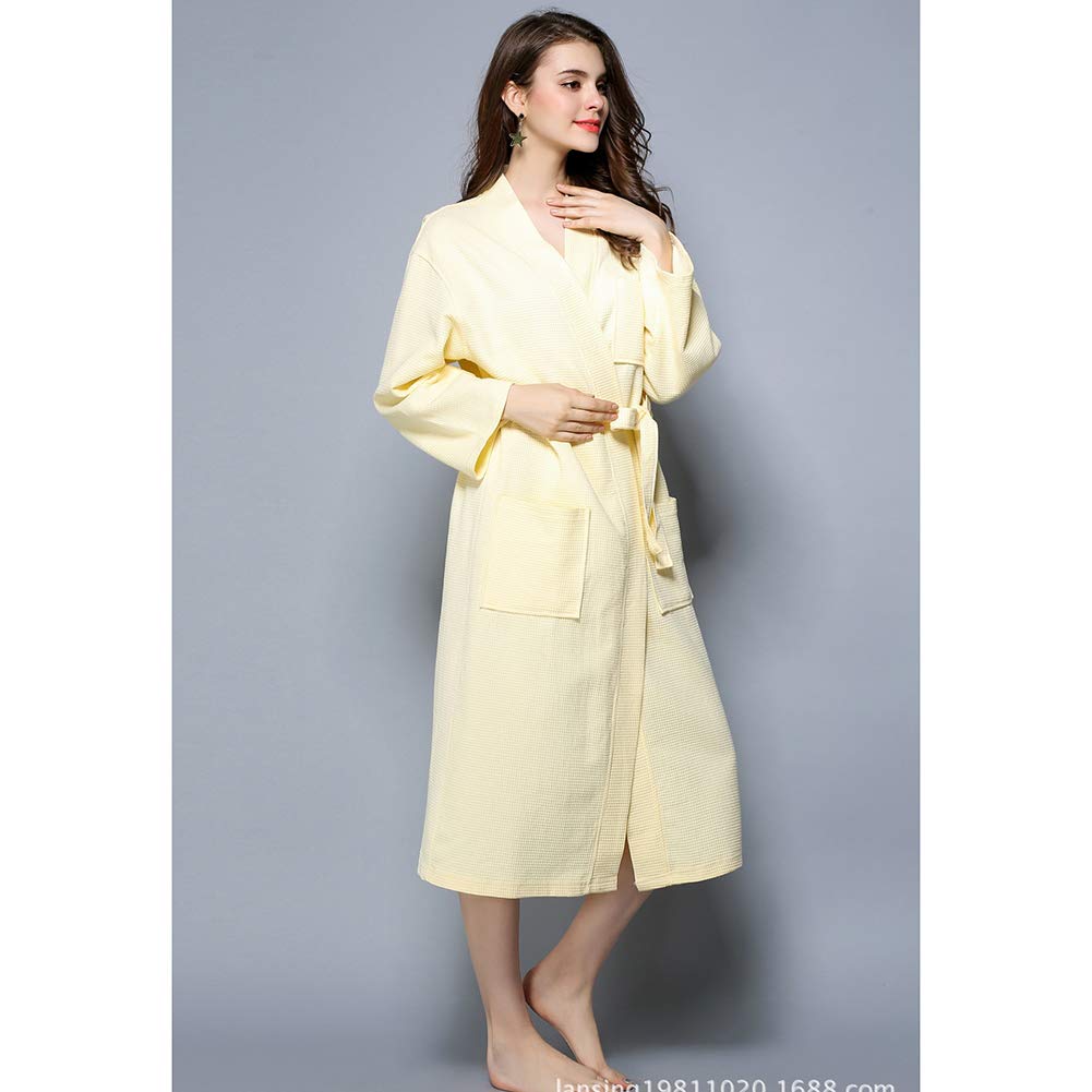 Unisex Cotton Waffle Bathrobe for Couples - Long Kimono Robe with Solid Color for Hotel, Spa & Sauna - Soft Loungewear & Home Relaxation - Yellow XL