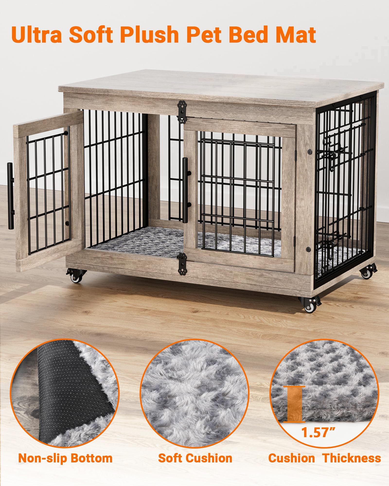 **Heavy Duty Wooden Dog Crate Furniture with Cushion – Double Door Dog Kennel & End Table with Wheels – Indoor Dog House for Small & Medium Dogs up to 45 lbs (32.5” L, Grey) – Perfect for Living Room, Bedroom, or Office**