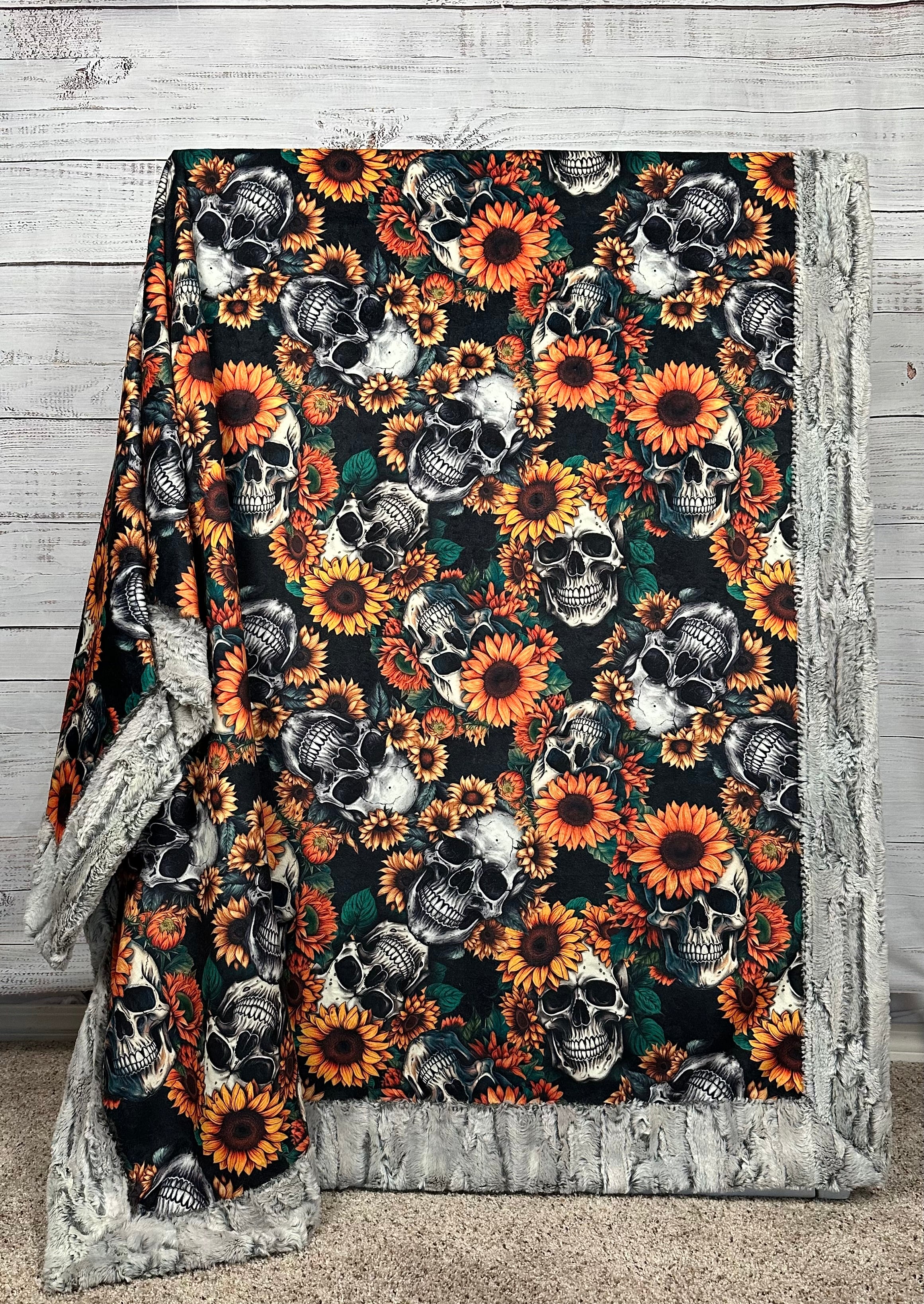 Premium Silver Fox Minky Blanket with Skull Sunflower Design - 54x79 Inches - Soft & Cozy Large Throw Blanket for Bed, Couch, or Gift