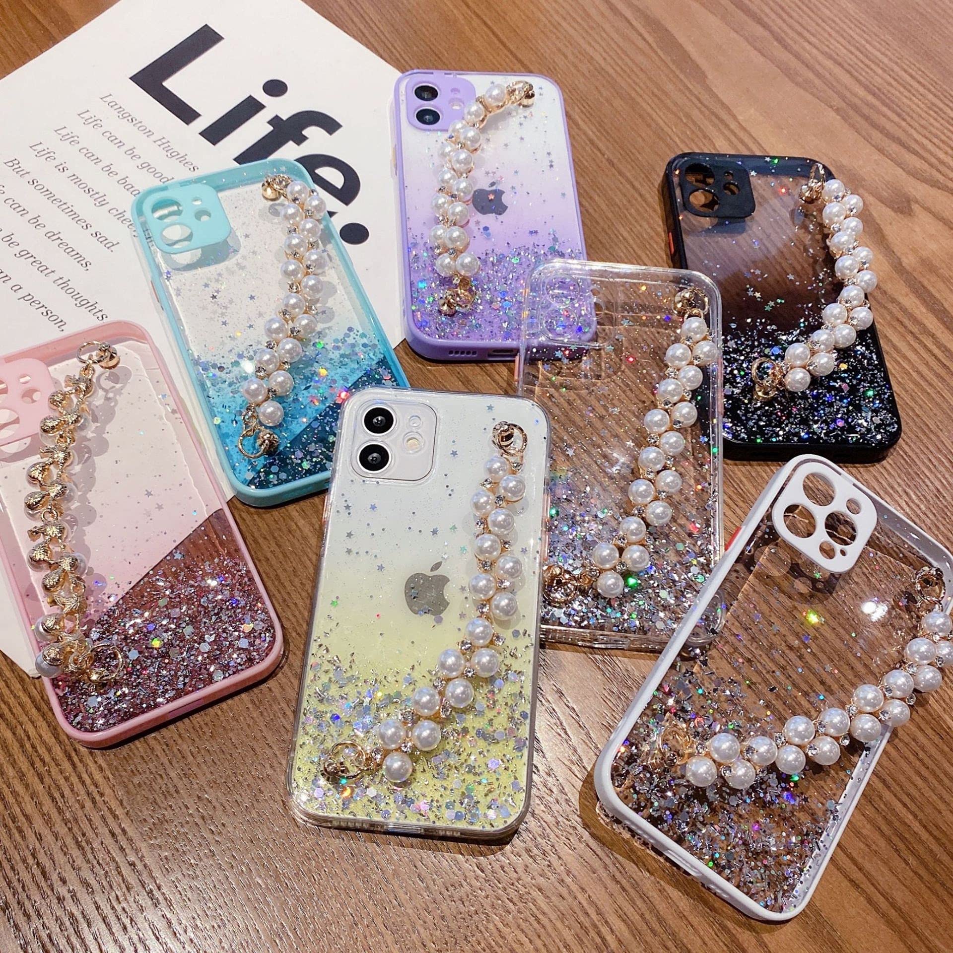 Sparkly Glitter Clear Phone Case for iPhone 13 Pro Max - Cute Bling Star Design with Pearl Chain Bracelet Strap, Soft TPU Shockproof Protective Cover (Pink) - Perfect Gift for Women & Girls, Great for Parties, Daily Use & Fashion Accessories