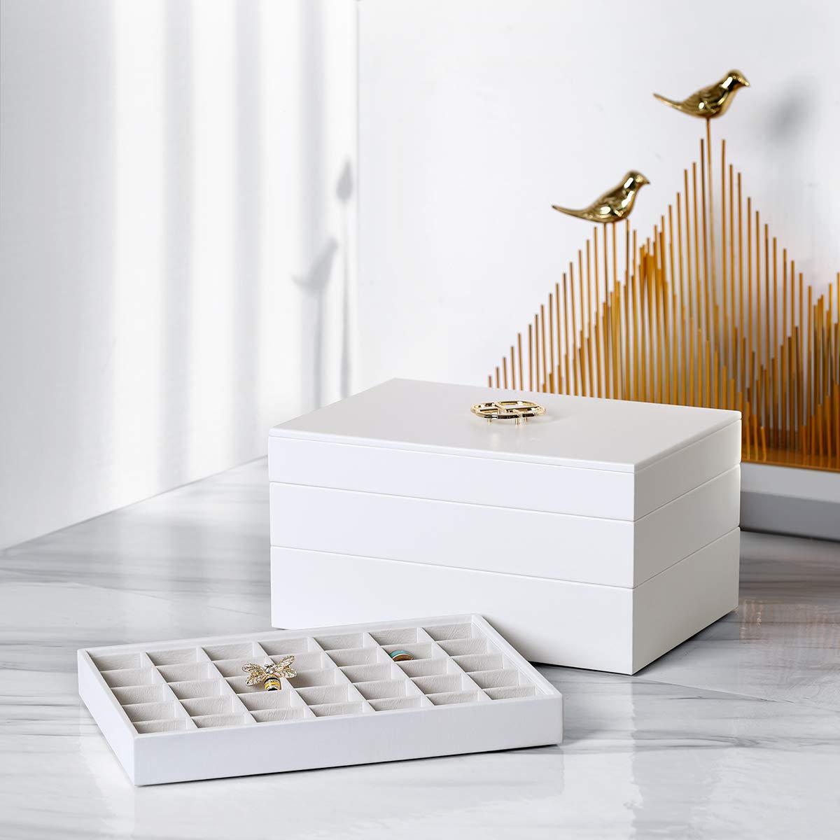 Vlando Jewelry Organizer Tray - 4-Layer Faux Leather Jewelry Storage Box with Lid for Earrings, Necklaces, Bracelets & Rings - Perfect for Desktop, Dresser or Drawer Organization - Elegant White Design