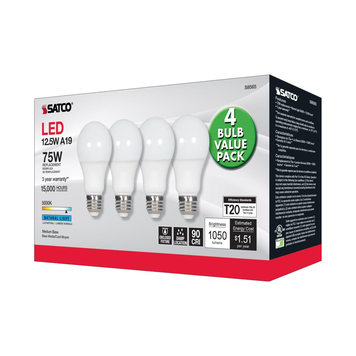 4-Pack A19 LED Light Bulbs 75W Equivalent (13W), 1050 Lumens, 5000K Daylight White, E26 Medium Base, Frosted - Perfect for Home, Office, Bedroom, Living Room & Kitchen Lighting