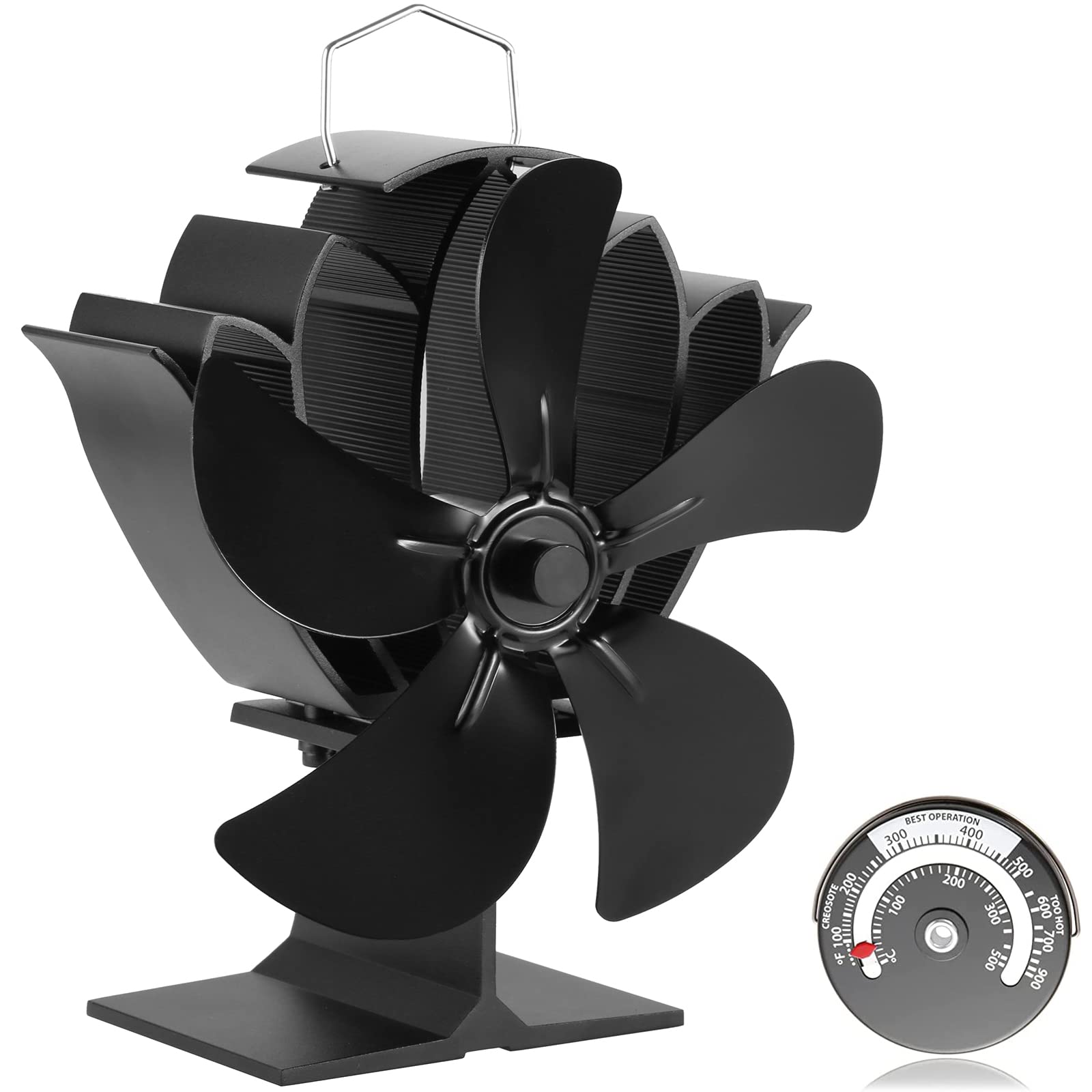 PETCHOR 5-Blade Heat Powered Stove Fan - Non-Electric Fireplace Fan for Wood Burning Stove, Log Burner, Pellet Stove & Fireplace - Eco Friendly with Built-in Thermometer & Manual - Perfect for Heating Efficiency & Home Warmth