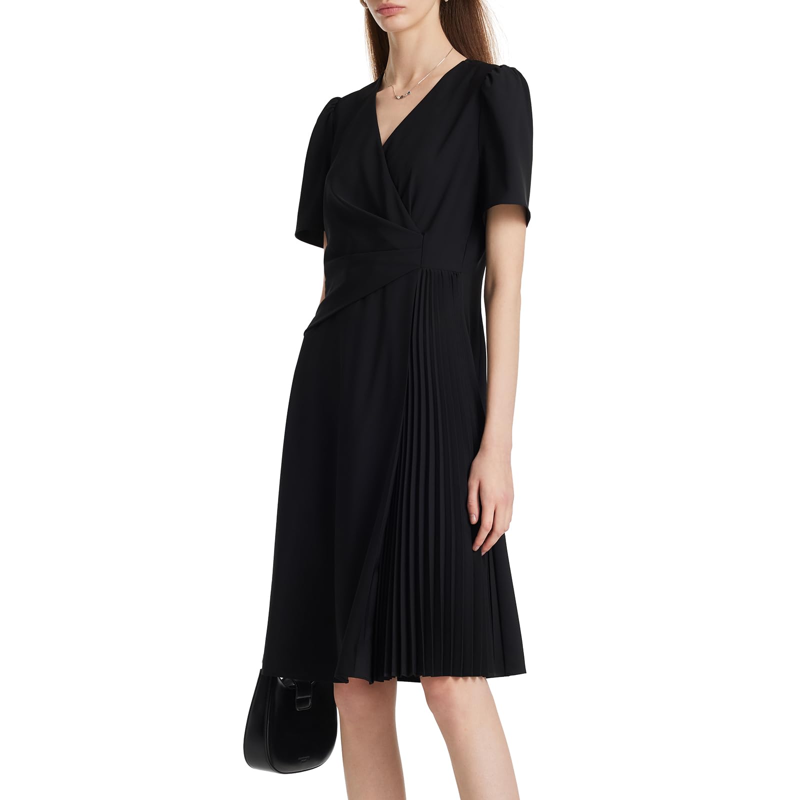 Women's Summer Black Mini Dress - Casual V-Neck Short Sleeve Patchwork Pleated A-Line Dress for Wedding Guest, Party, Date Night & Vacation | Flattering Fit for All Occasions