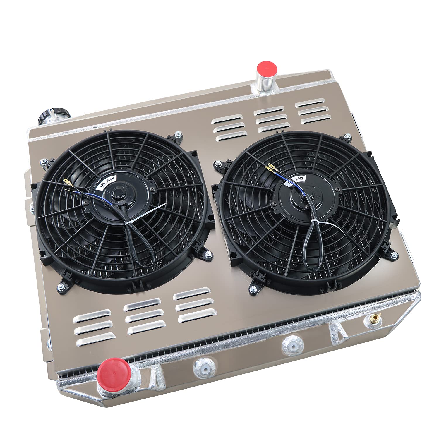 4 Row Aluminum Radiator with Shroud & Cooling Fans - Compatible for 1957-1959 Ford Fairlane, Ranchero, Skyliner & Victoria V8 Models - High Performance Cooling System for Classic Car Restoration & Hot Rod Upgrades