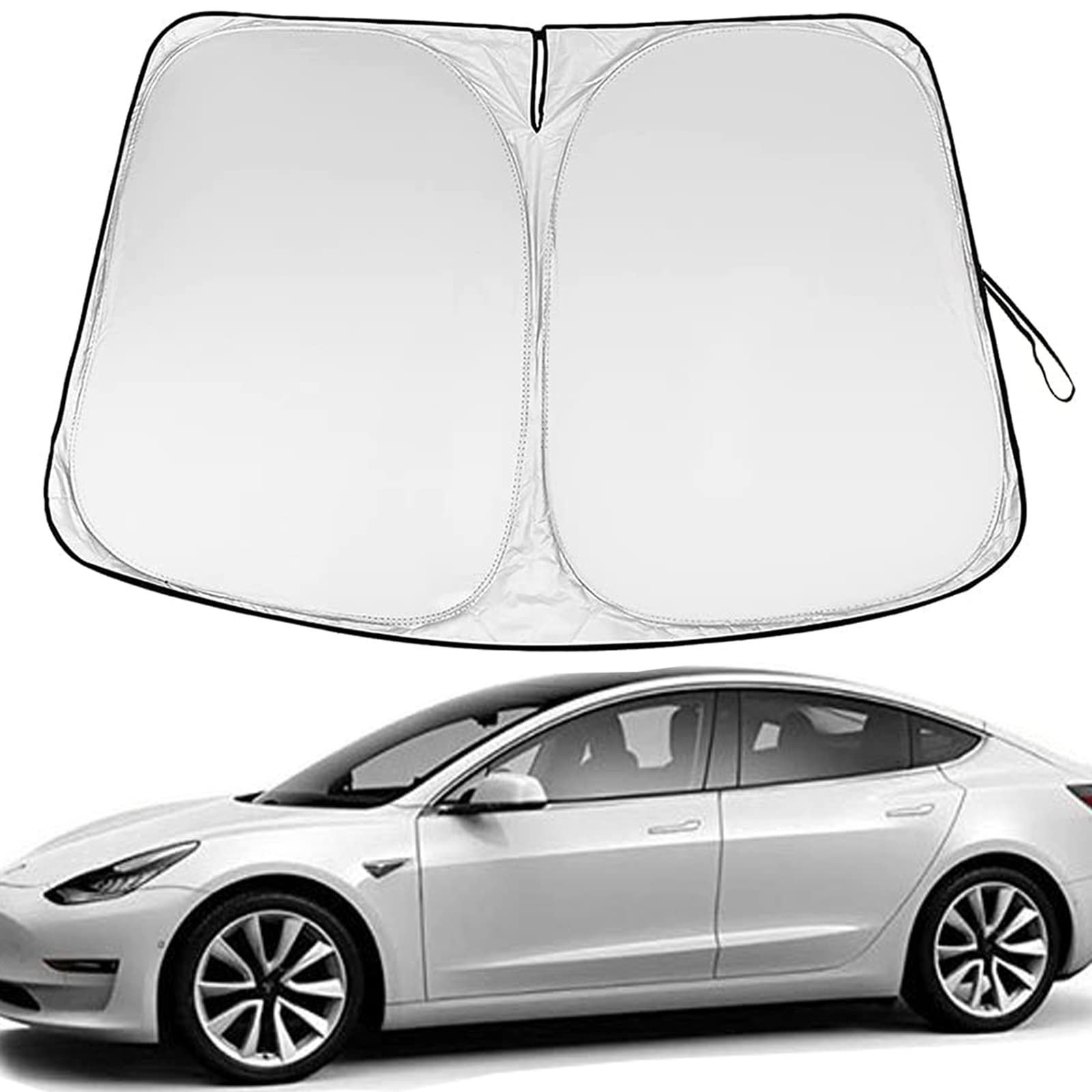 Premium Tesla Model 3 & Y Windshield Sunshade - 240T Reflective Polyester Sun Heat Protector with Storage Pouch | UV Protection & Heat Blocking Car Accessories | Perfect for Summer Parking & Road Trips