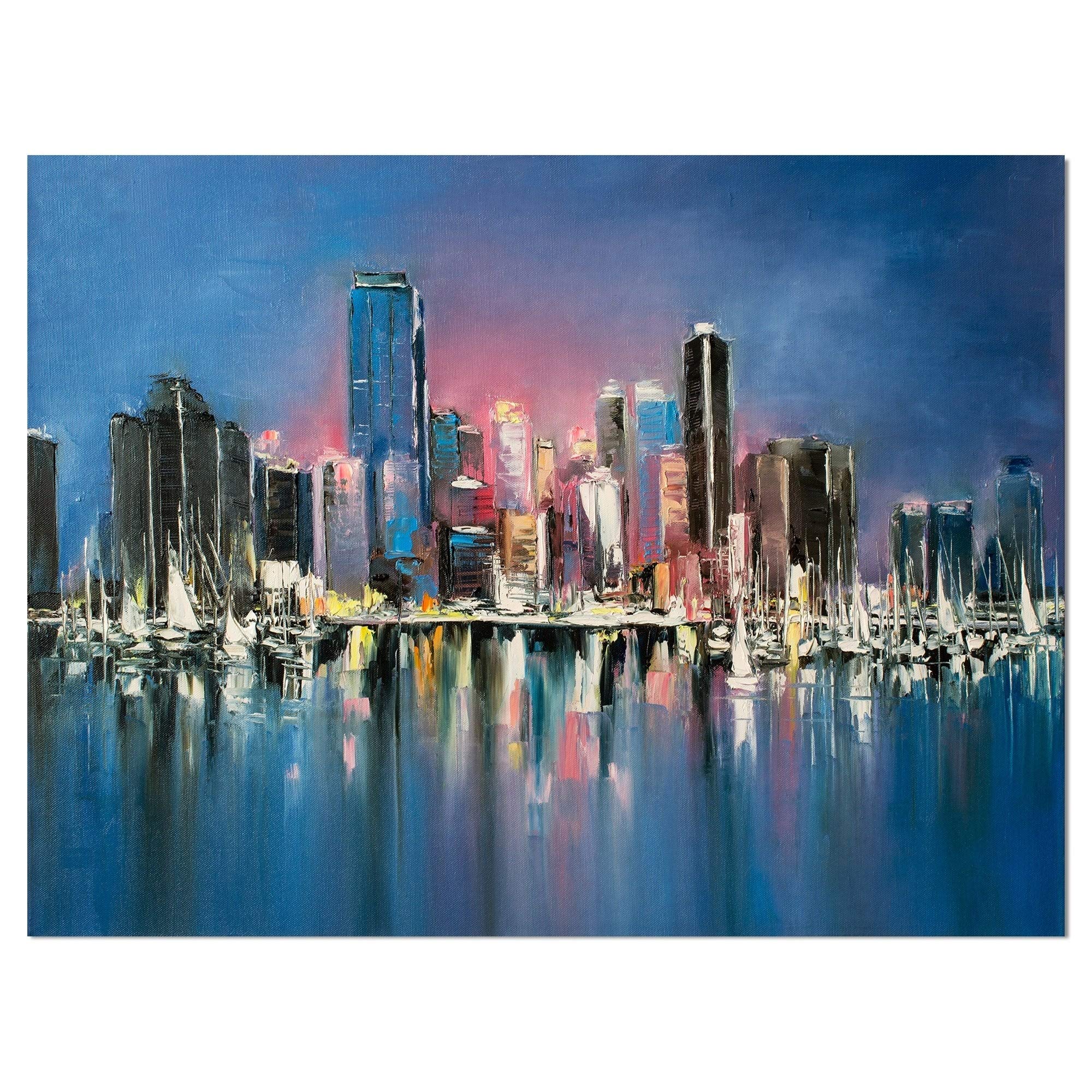 Coastal City Fantasy Night Scene - Cityscapes Wall Art Print on Wrapped Canvas - Blue Modern Home Decor (40x30 Inches) - Perfect for Living Room, Bedroom & Office Decor