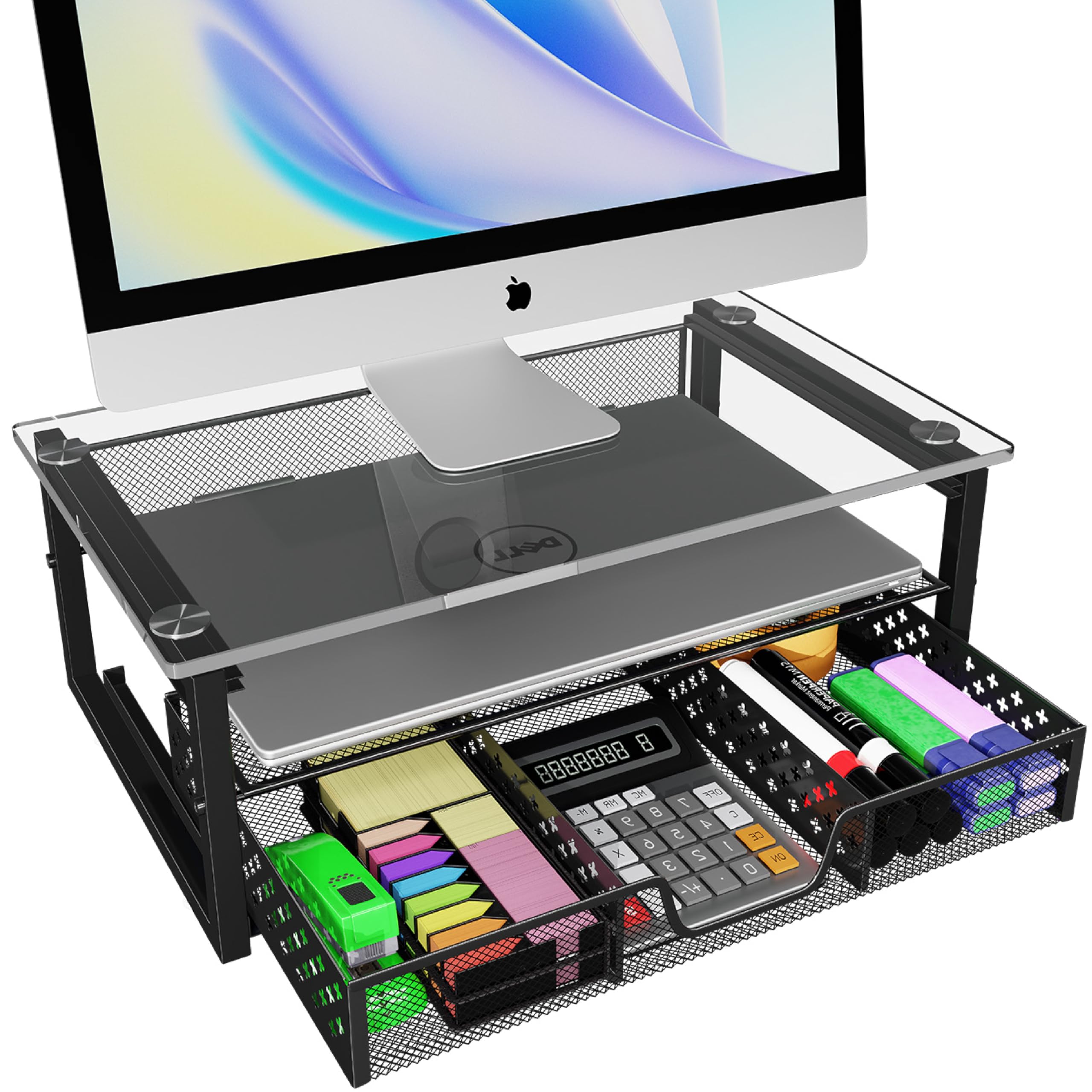 Simple Trending 2-Tier Monitor Stand Riser - Black Glass Metal Computer Desk Organizer with Drawer for Laptop, iMac, Home Office Setup