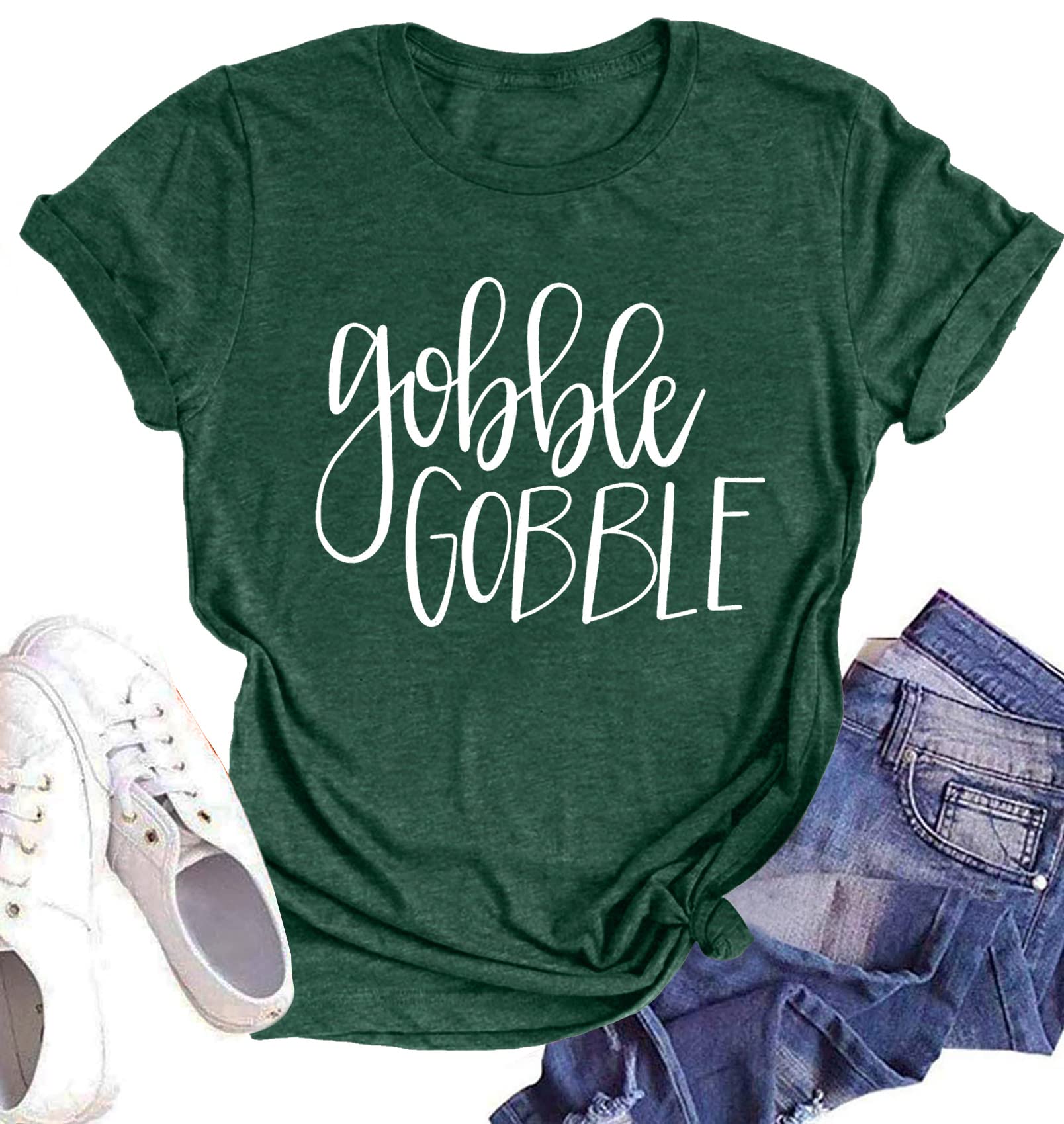 Women's Funny Thanksgiving T-Shirt - Cute 'Gobble Gobble' Graphic Print Short Sleeve Top for Holiday Parties & Family Gatherings