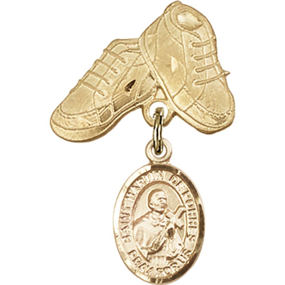 Gold Filled Baby Badge with St. Martin de Porres Charm & Baby Boots Pin - 1 X 5/8 Inch Religious Jewelry for Christening, Baptism & First Communion Gifts