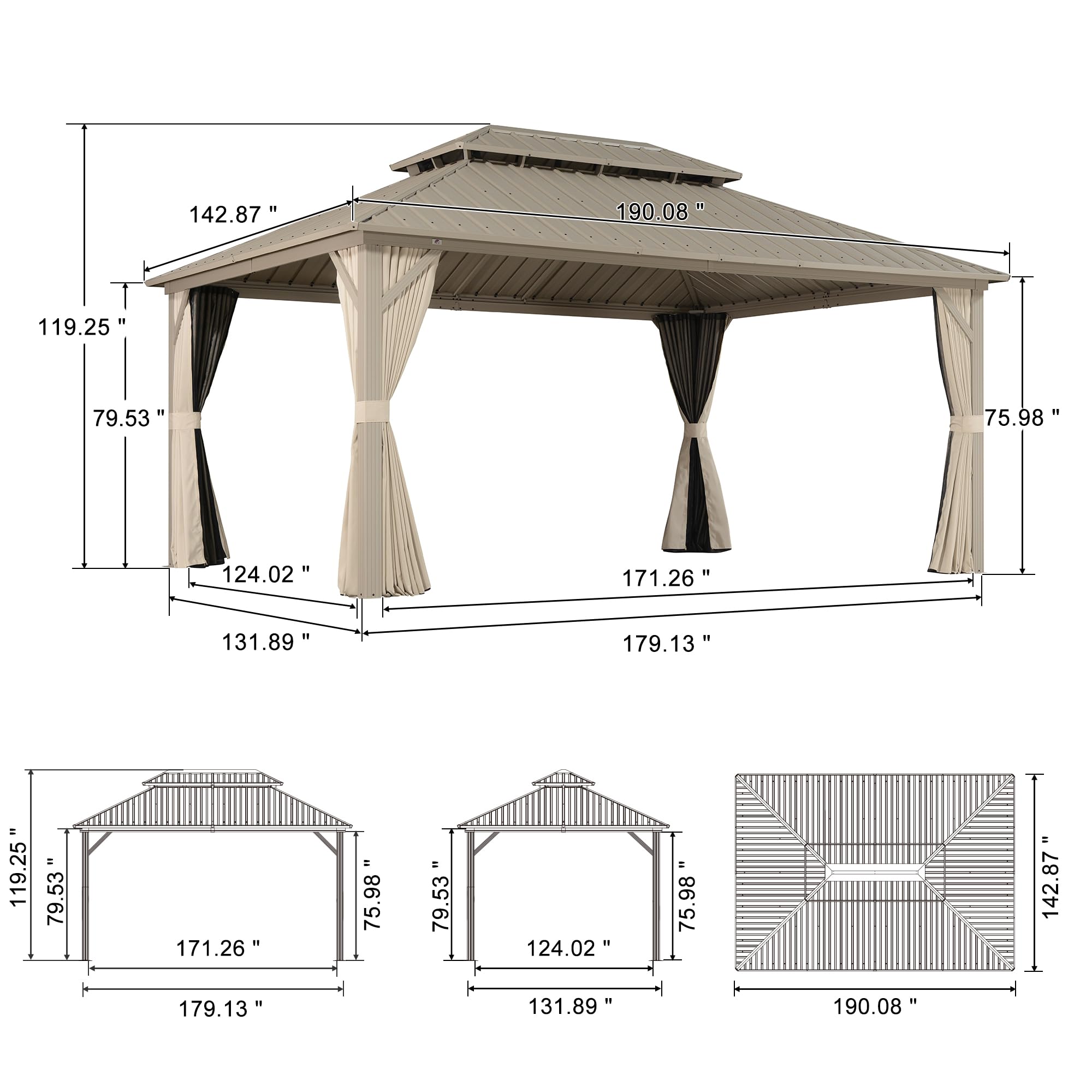 PURPLE LEAF 12'x16' Champagne Outdoor Hardtop Gazebo - Aluminum Patio Gazebo with Galvanized Steel Double Roof, Curtains & Netting - Perfect for Backyard, Garden, Deck, and Outdoor Entertaining