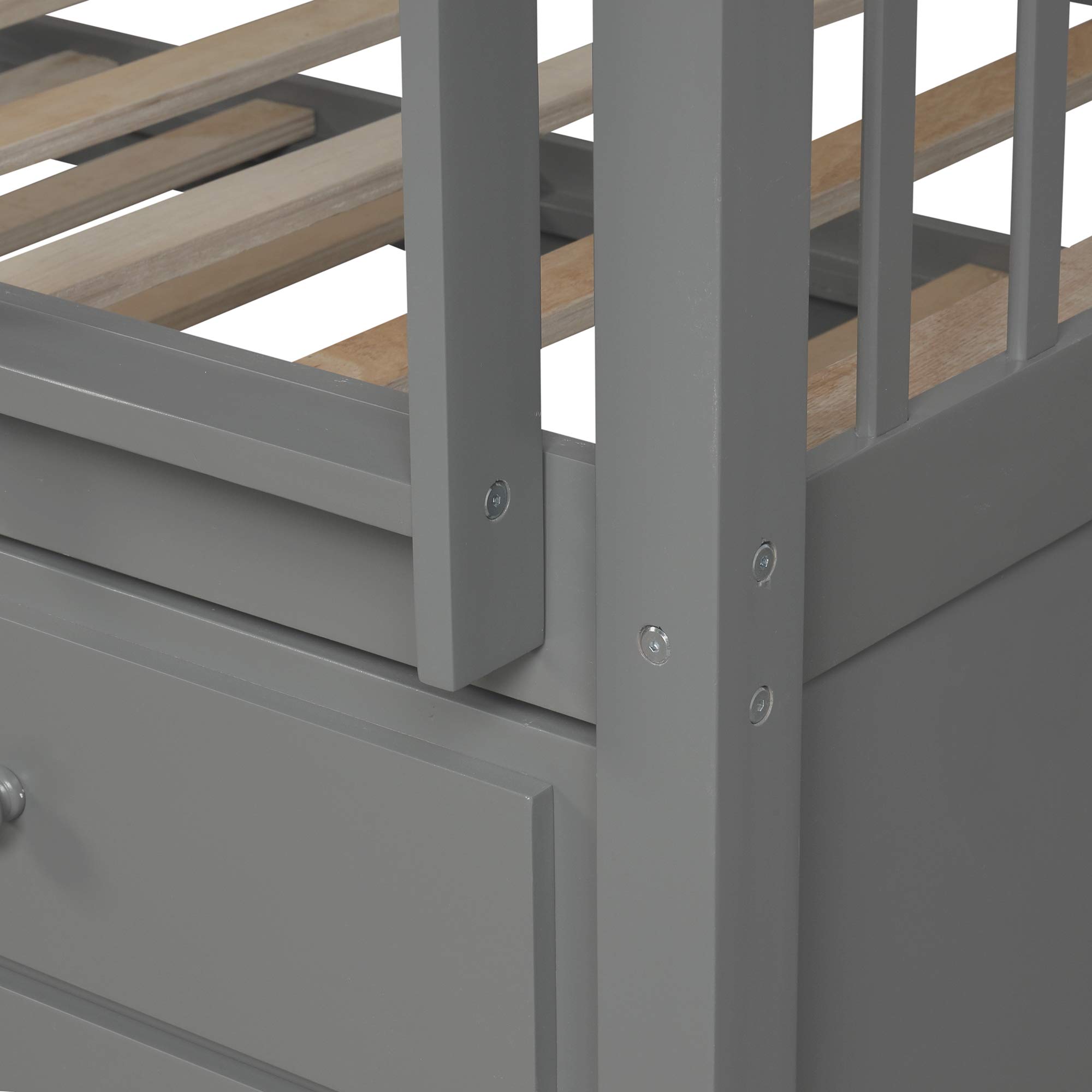 Twin Over Twin Bunk Bed with Trundle - Solid Wood Bed Frame with Ladder & Safety Rail - 3 Storage Drawers - Space Saving Kids & Teens Bedroom Furniture (Grey) - Perfect for Small Rooms, Guest Rooms & Vacation Homes