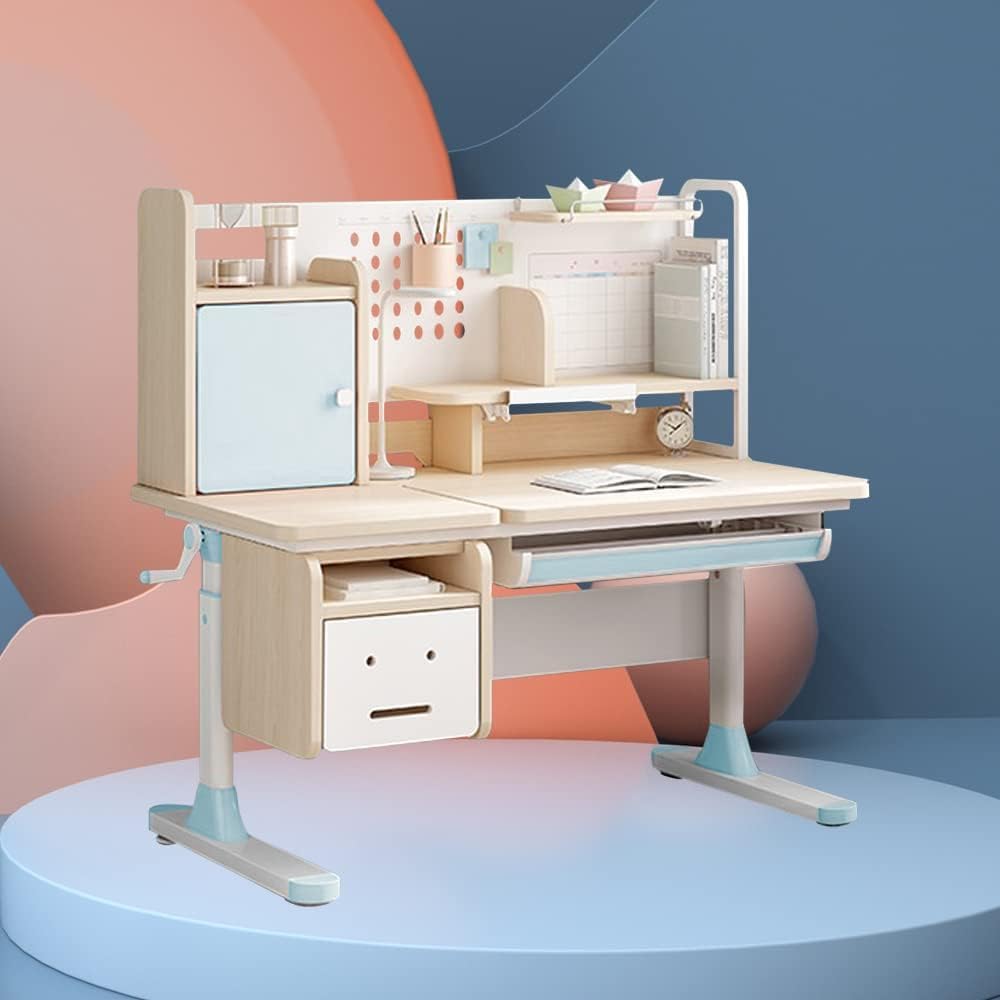 FCD Kids Desk - Adjustable Wooden Study Desk with Tilt Top, Tablet Holder & Storage | Ergonomic Student Desk for Home, School & Office | Blue Multi-Functional Workstation with Bookshelf & Drawers