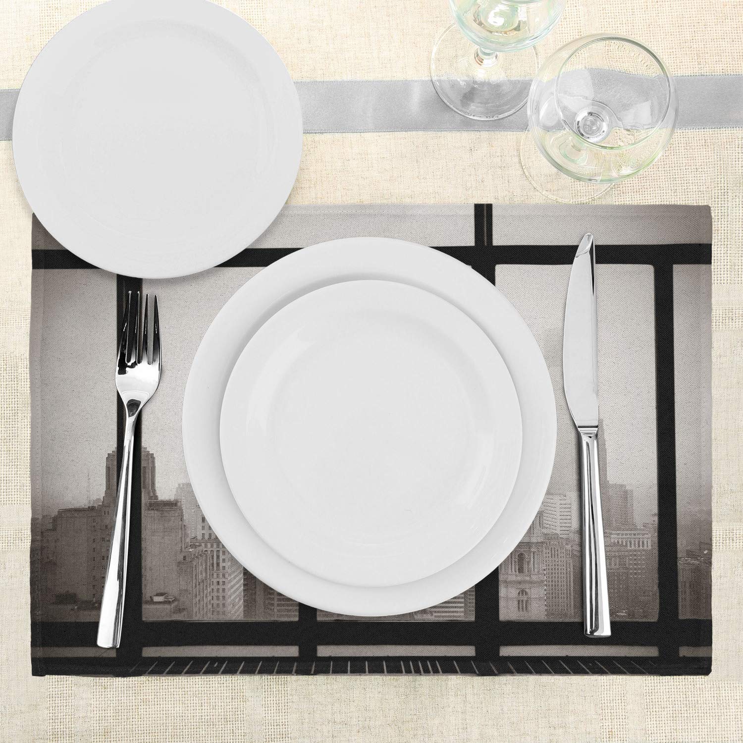 Ambesonne Philadelphia Skyline Placemats Set of 4 - Window View Cityscape Design, Washable Fabric Table Mats for Dining, Standard Size Gray Black - Perfect for Home Decor & Dinner Parties