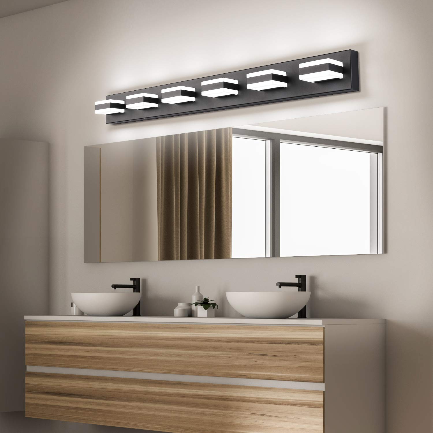 SOLFART Modern LED Dimmable Bathroom Vanity Light - 6-Light Matt Black Acrylic Fixture for Mirror Lighting | Perfect for Bathroom Makeup, Shaving & Grooming