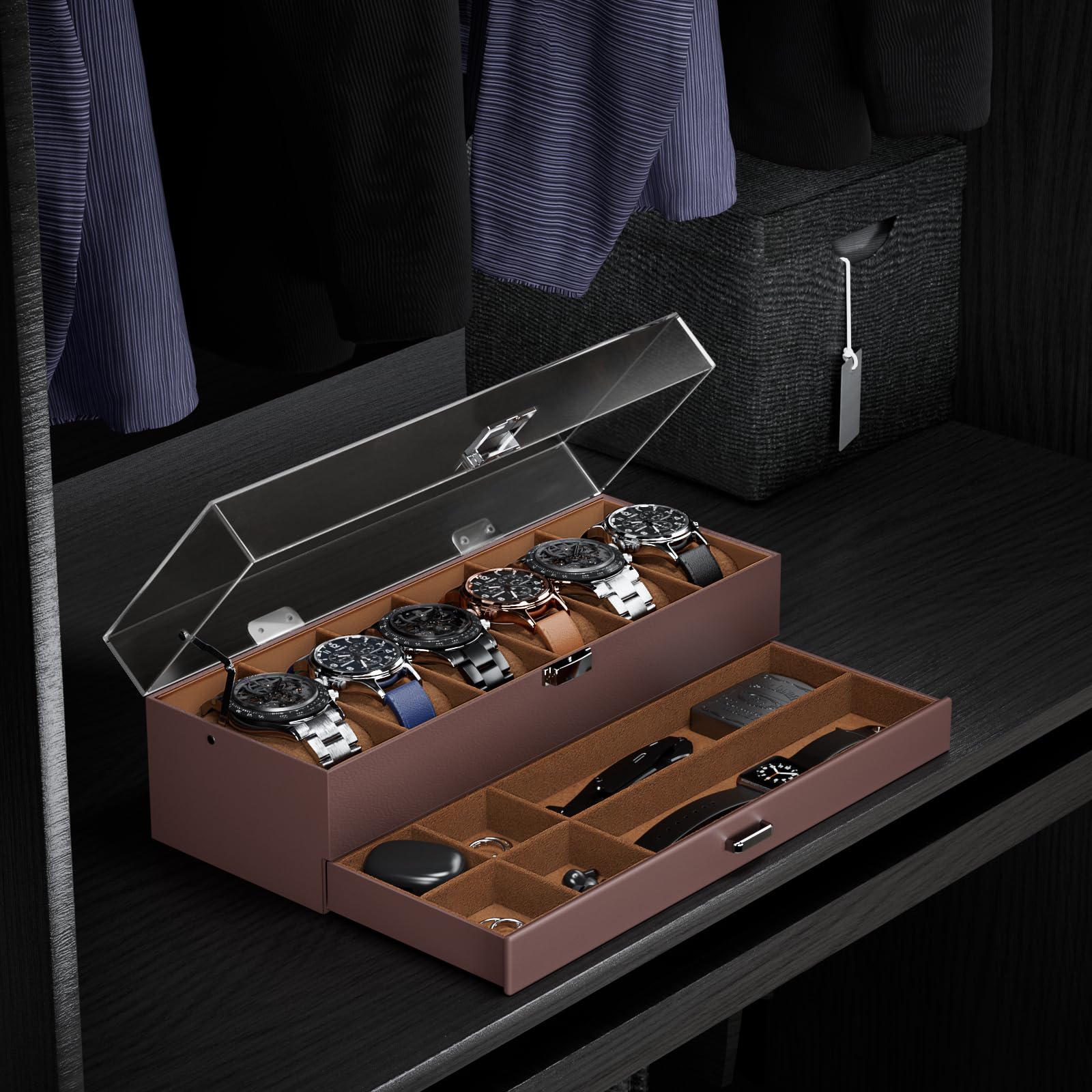 ProCase 6-Slot Watch Display Case with Clear Acrylic Lid - 2-Layer Jewelry & Watch Storage Organizer with Drawer - Perfect Gift for Men & Women - Ideal for Watch Collectors, Travel & Home Decor (Espresso)