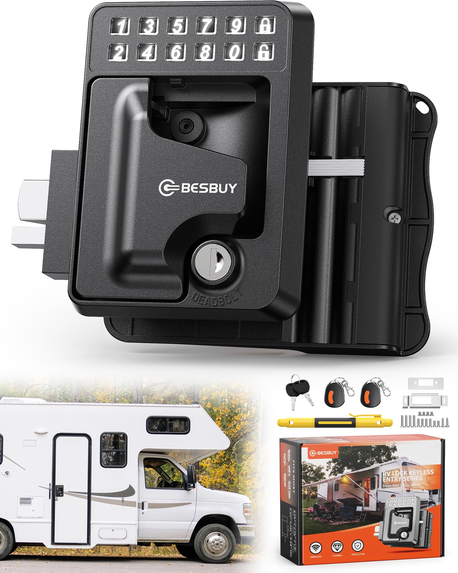 Upgraded RV Keyless Entry Door Lock - Waterproof & Shockproof C-Level Lock Cylinder for Camper and Trailer - 100% Metal Construction with Ergonomic Handle Design - Perfect for Outdoor Adventures, Road Trips, and Secure RV Parking