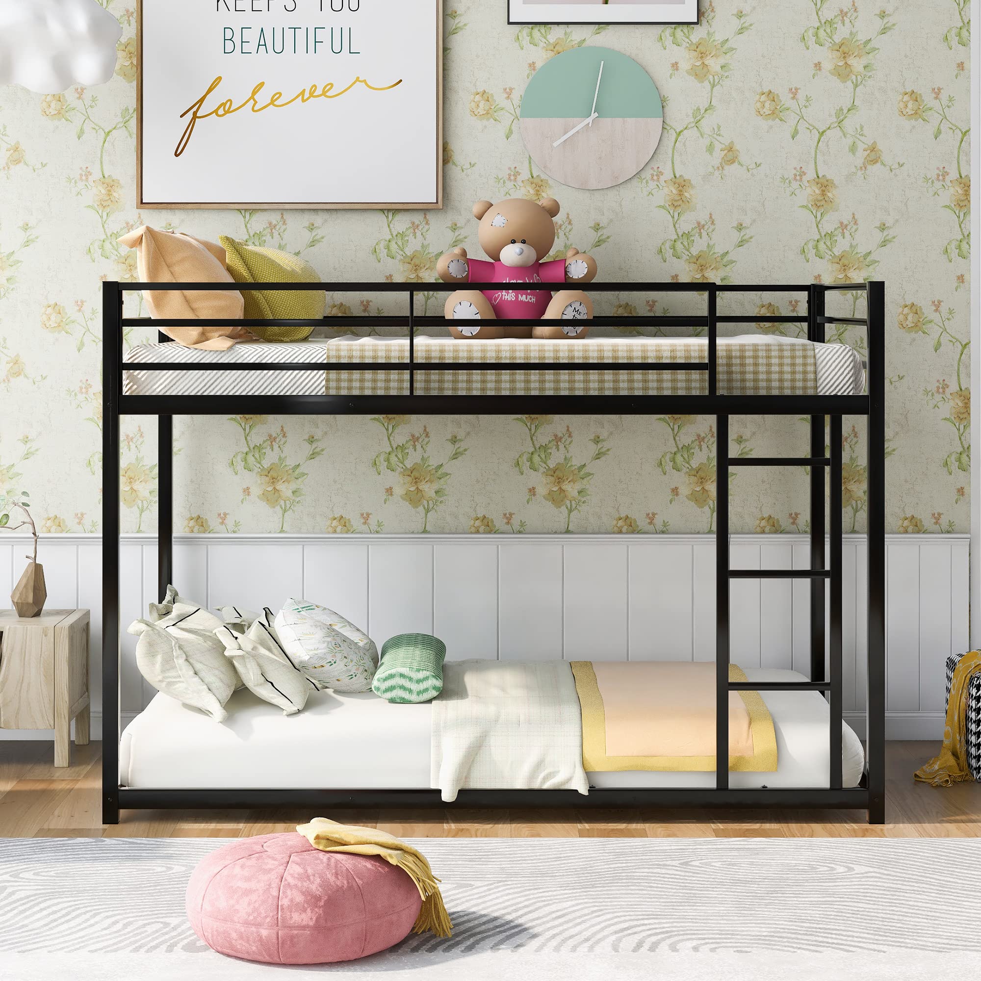 Yoglad Twin Over Twin Metal Bunk Bed Frame with Ladder & Safety Rail - Sturdy Platform Bed for Kids, Teens & Guest Rooms - No Box Spring Needed (Black) - Perfect for Small Spaces, Dormitories & Sleepovers