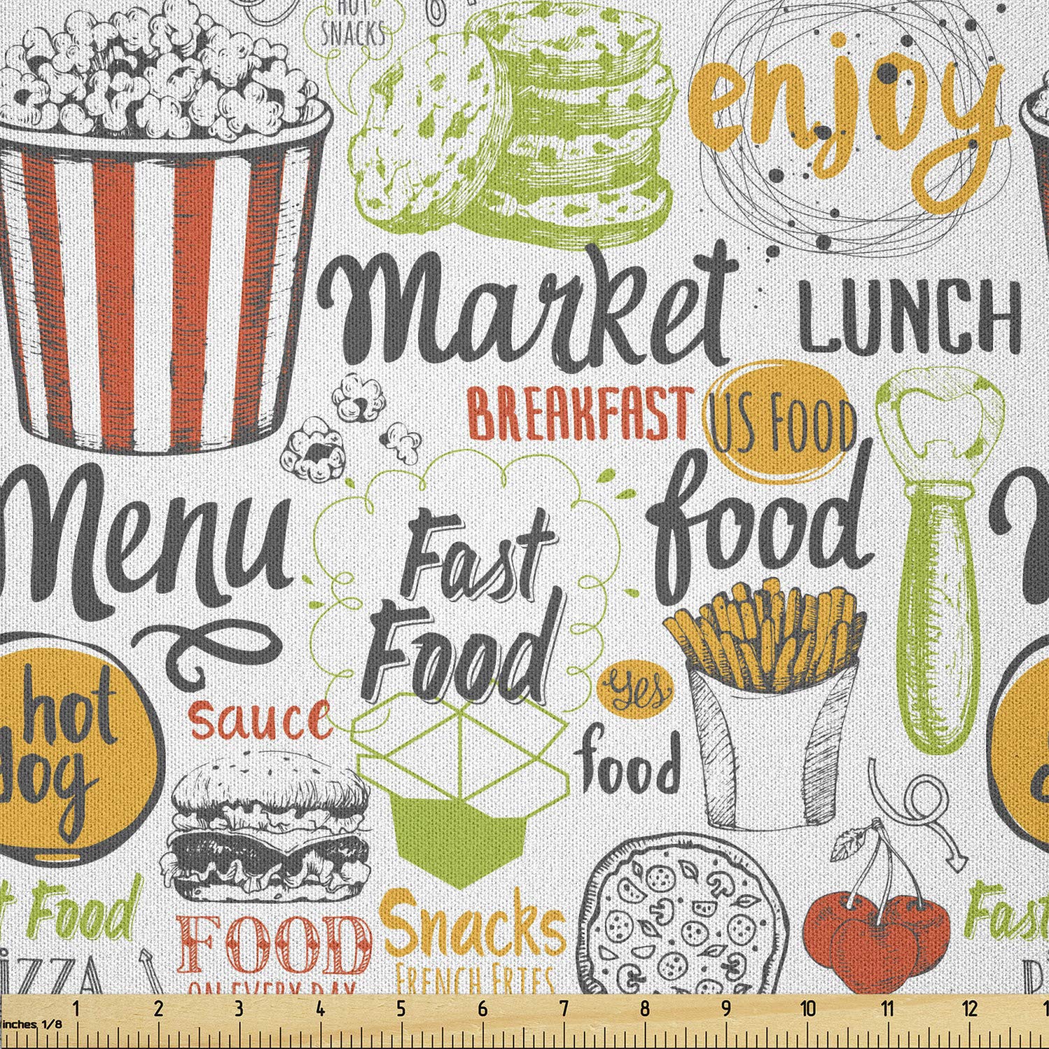 Lunarable Sketch Style Snacks Fabric - Colorful Food Illustration Microfiber Material for DIY Crafts, Quilting & Home Decor (Popcorn, Fries, Burger, Pizza Print) - 10 Yards Green Red - Perfect for Sewing Projects, Table Runners & Wall Hangings