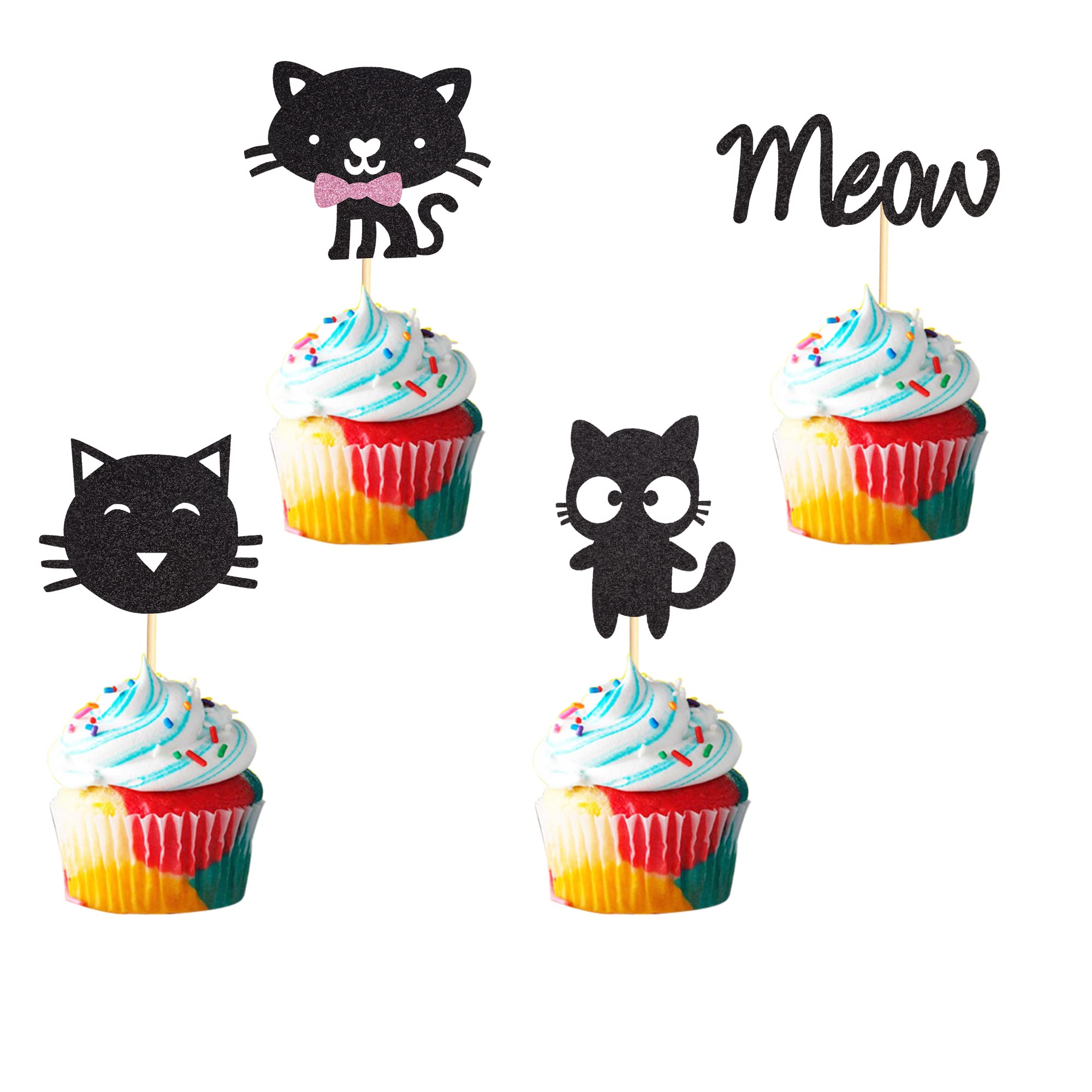 24Pcs Cat Cupcake Toppers - Kitten & Meow Food Picks for Cat Lovers - Black Glitter Cake Decorations for Baby Shower, Kids Birthday, Wedding & Party Supplies - Perfect for Themed Celebrations and Dessert Displays
