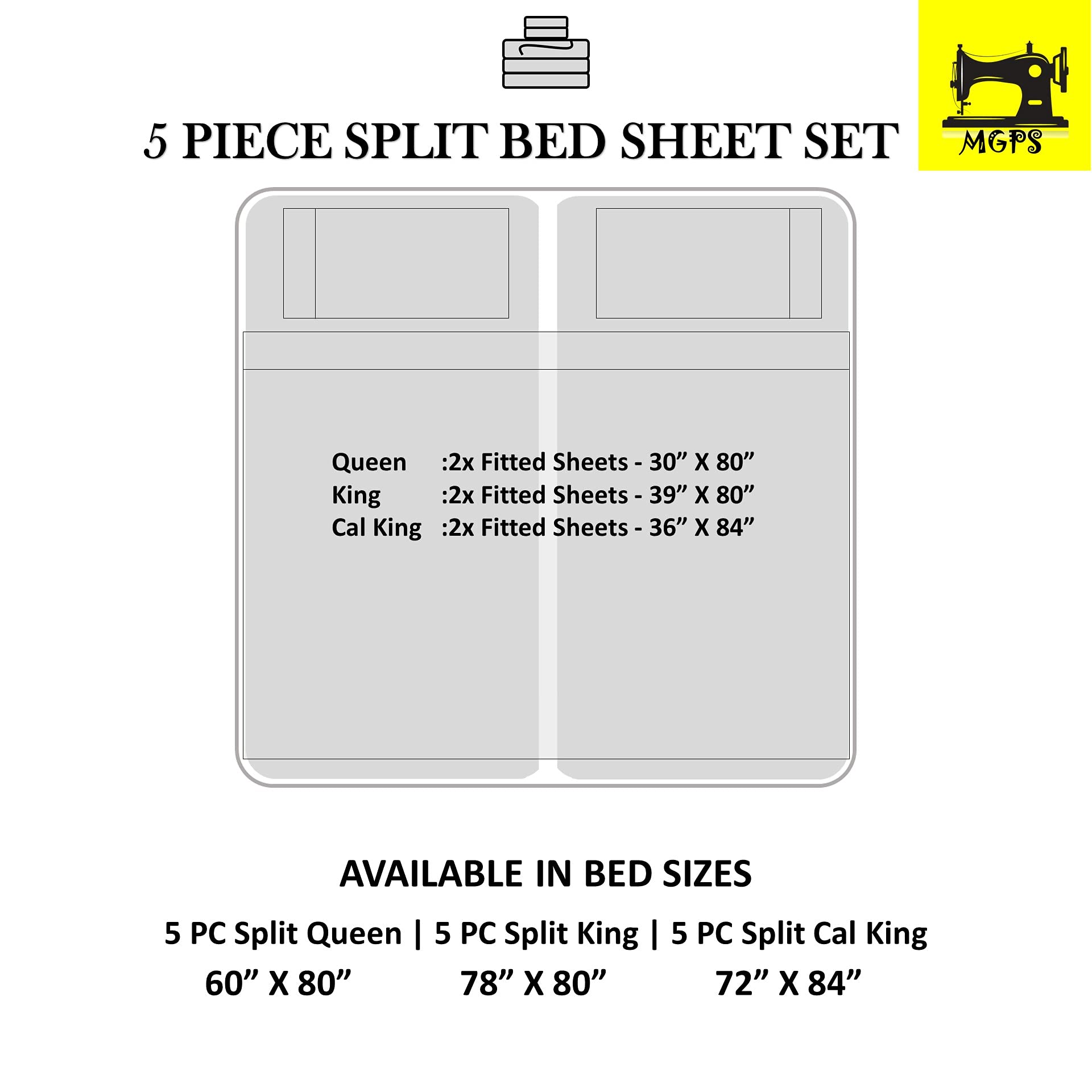 Premium 1000-Thread-Count 100% Egyptian Cotton Split King Sheet Set - 5PC with 2 Fitted Sheets, Soft Sateen Weave, 15