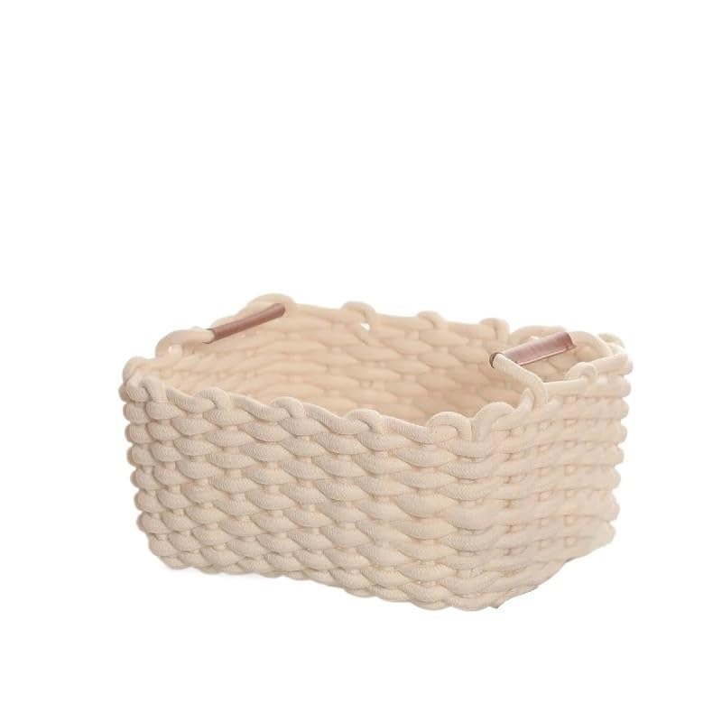 Handmade Cotton Rope Storage Basket with Handle - Multipurpose Organizer for Cosmetics, Toys, Snacks & Makeup (Set of 3, White) - Perfect for Bedroom, Bathroom & Office Desktop Organization