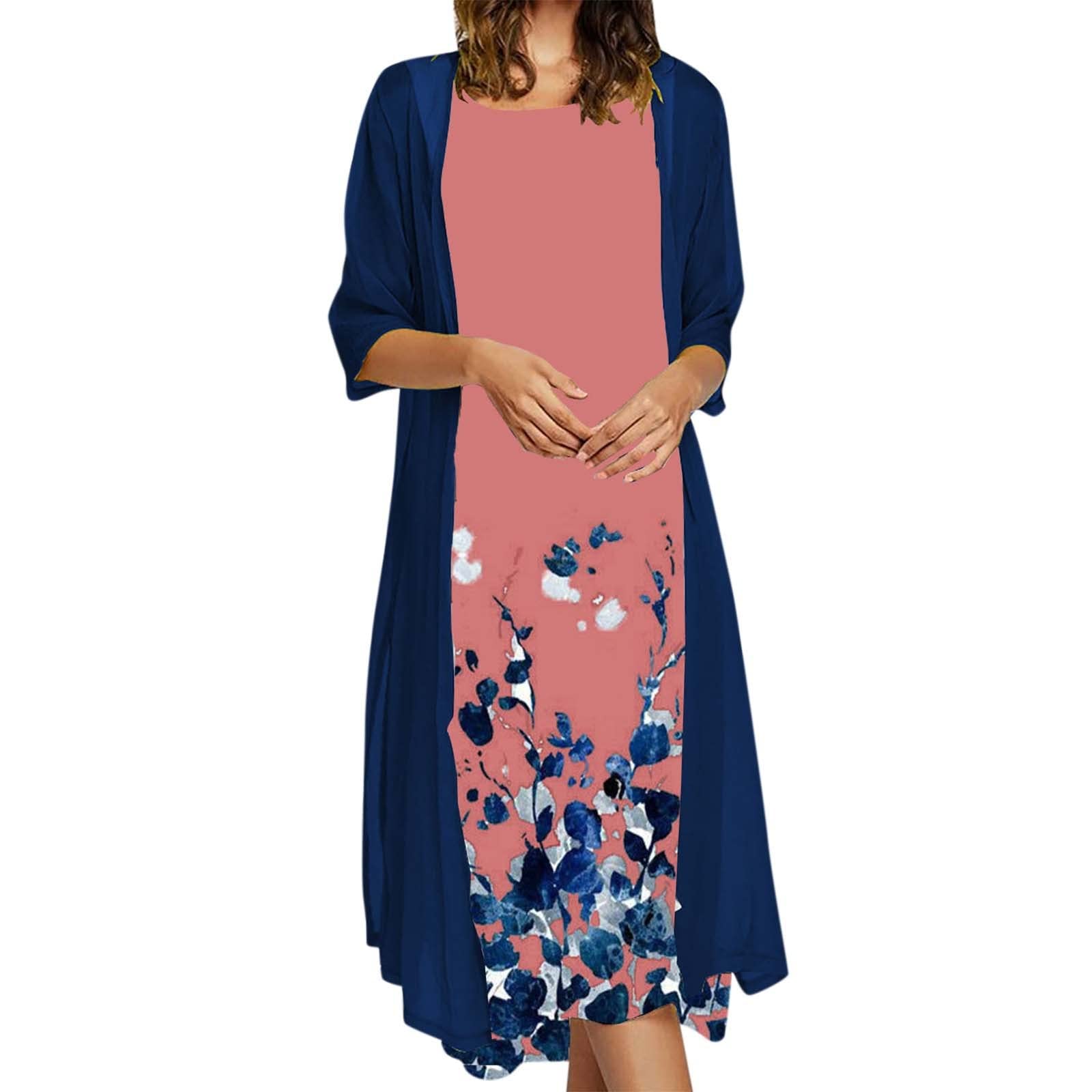 Women's Floral Chiffon Sleeveless Maxi Dress 2 Piece Set with Cardigan - Summer Casual Beach Vacation Outfit for Women | Perfect for Beach Parties, Tropical Getaways and Summer Weddings