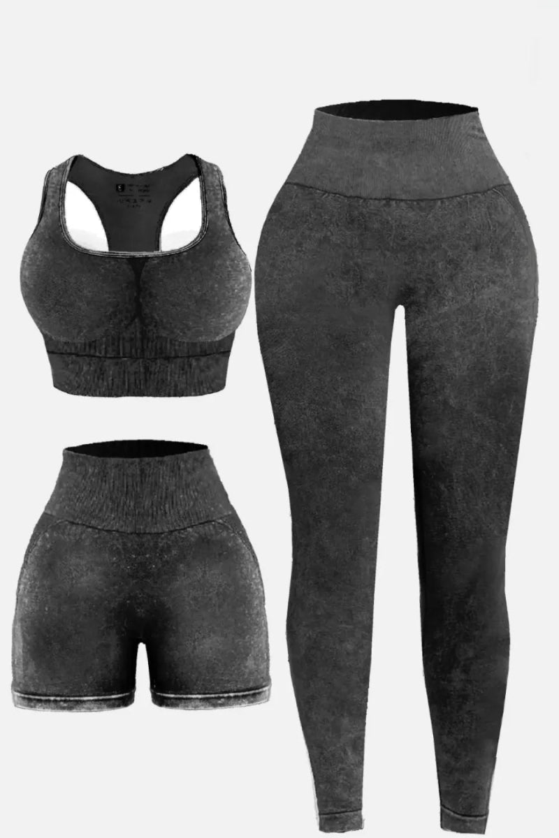 3 Piece Washed Square Neck Wide Strap Active Set for Women - Gym, Yoga & Lounge Wear - Comfortable Workout Outfit for Running & Pilates