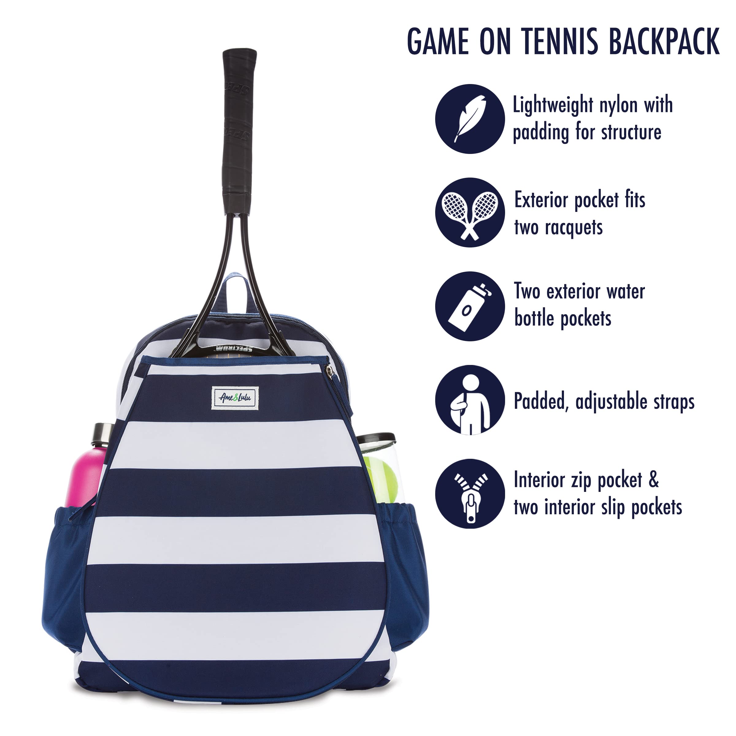 Ame & Lulu Game On Tennis Backpack with Padded Adjustable Shoulder Straps & 2 Exterior Water Bottle Pockets - Perfect for Tennis, Gym, School & Travel Accessories Storage