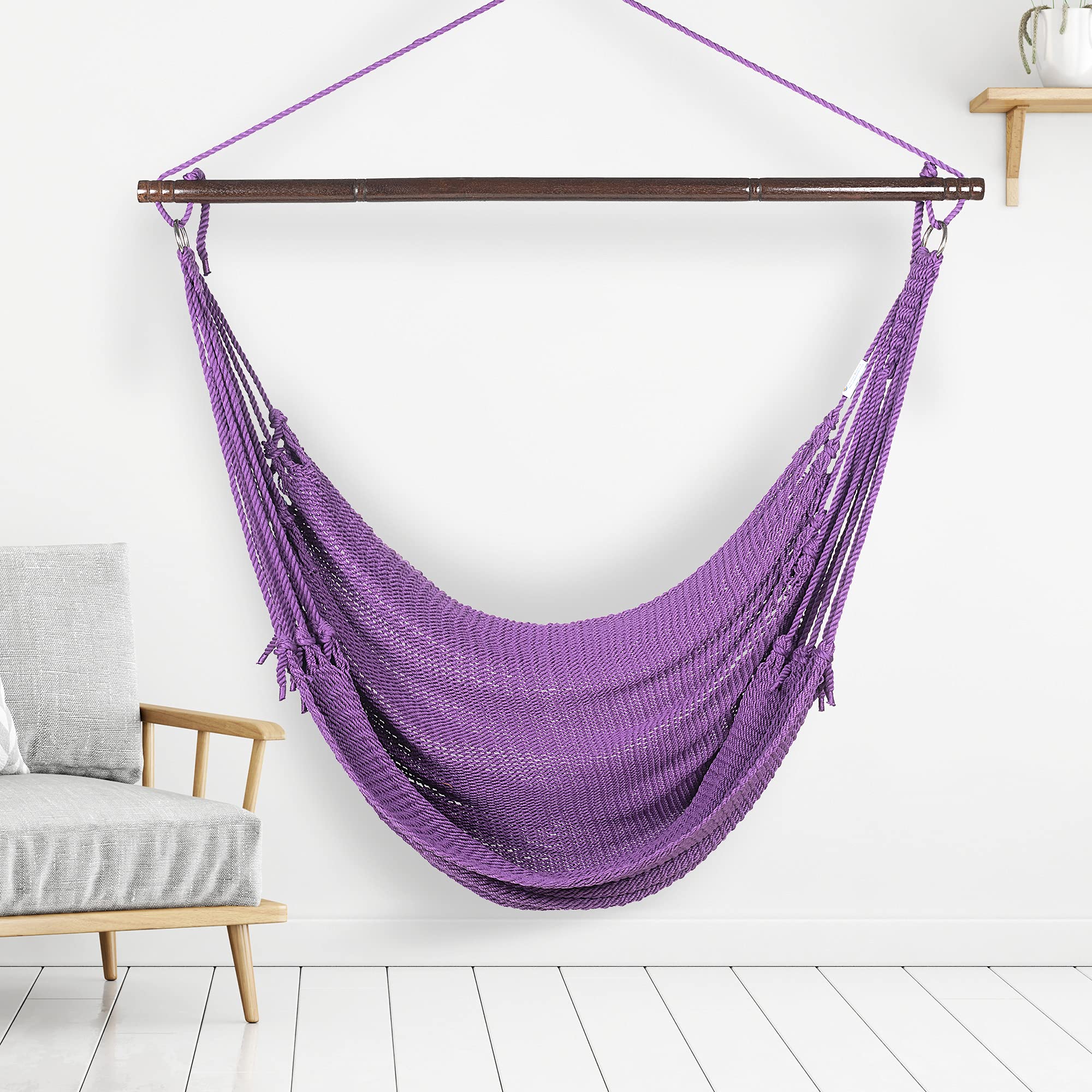 Jumbo Caribbean Hammock Chair with Footrest - 55 Inch Oversized Hanging Swing Chair - Soft-Spun Polyester in Purple - Perfect for Patio, Backyard, Porch & Indoor Relaxation