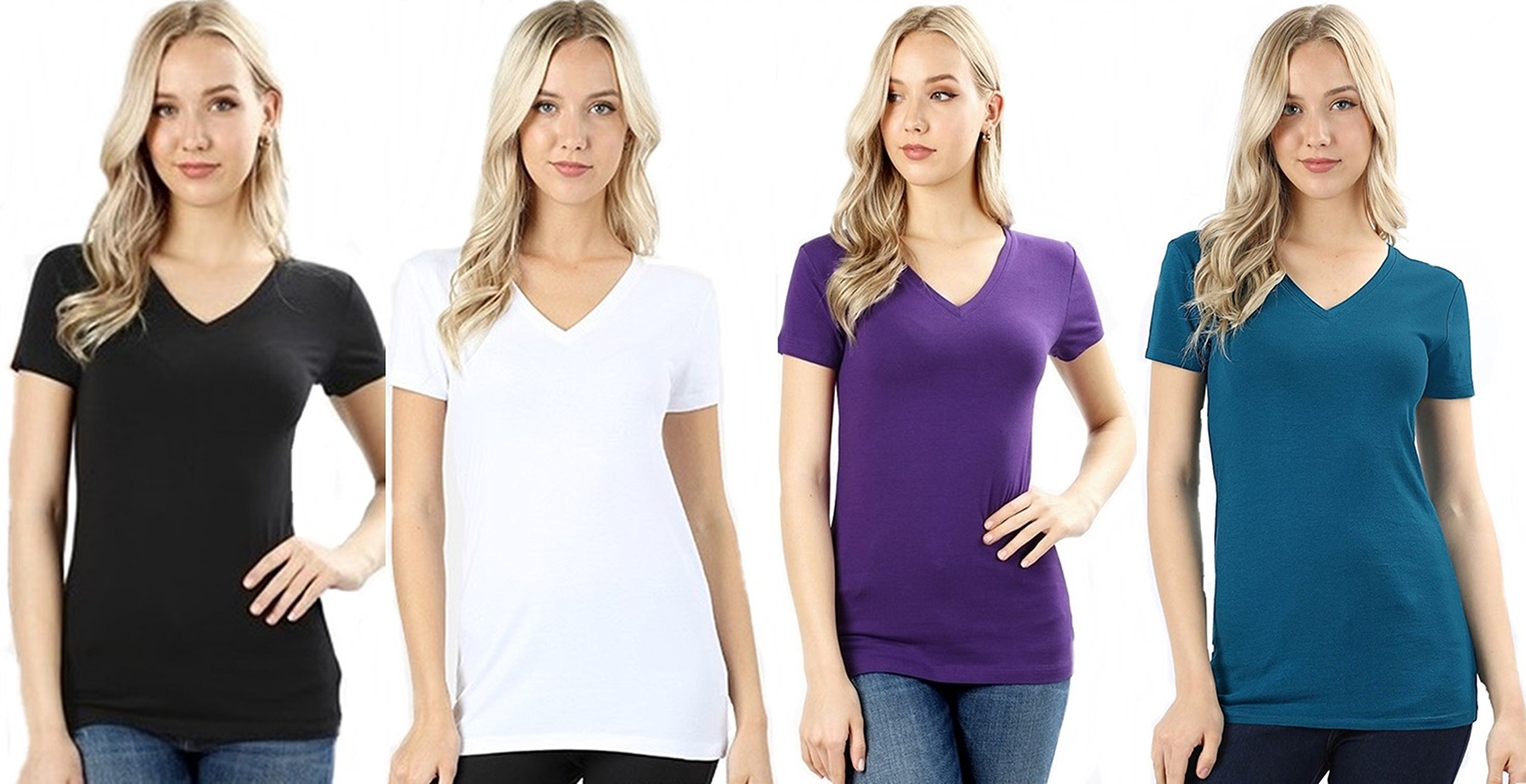 4 Pack Zenana Women's Basic V-Neck T-Shirts - Soft Cotton Casual Tees for Everyday Wear, Layering & Workout Essentials
