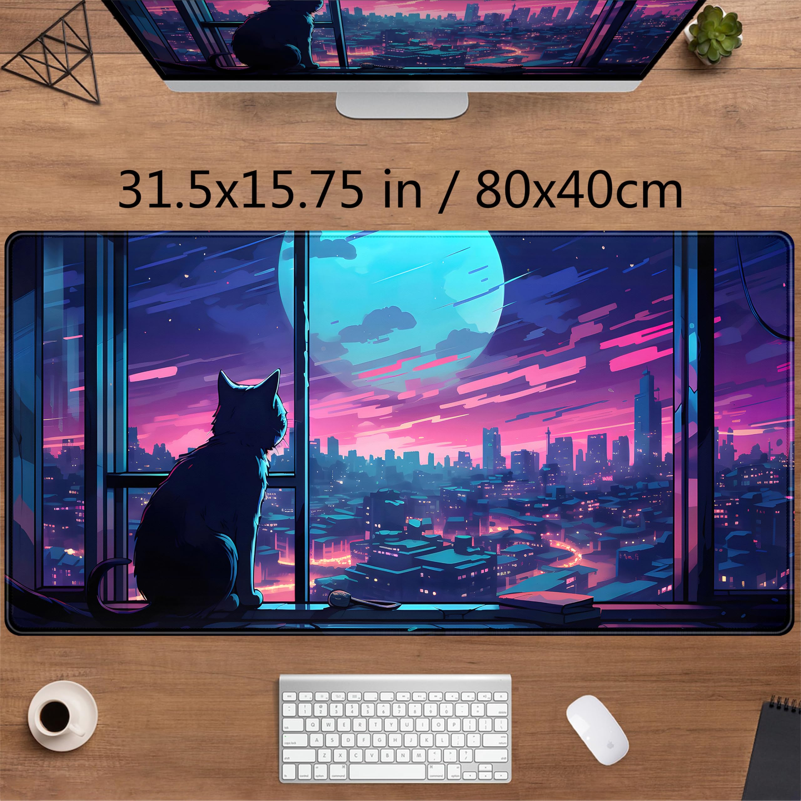 XXL Cute Purple Kawaii Anime Moon Cat Gaming Mouse Pad (31.5x15.75 in) - Large Non-Slip Desk Mat for Computer, Laptop, Keyboard & Mouse - Perfect for Gamer Girls, Women Office Decor & Anime Lovers - Ideal for Gaming Setups, Workstations & Home Office Desks