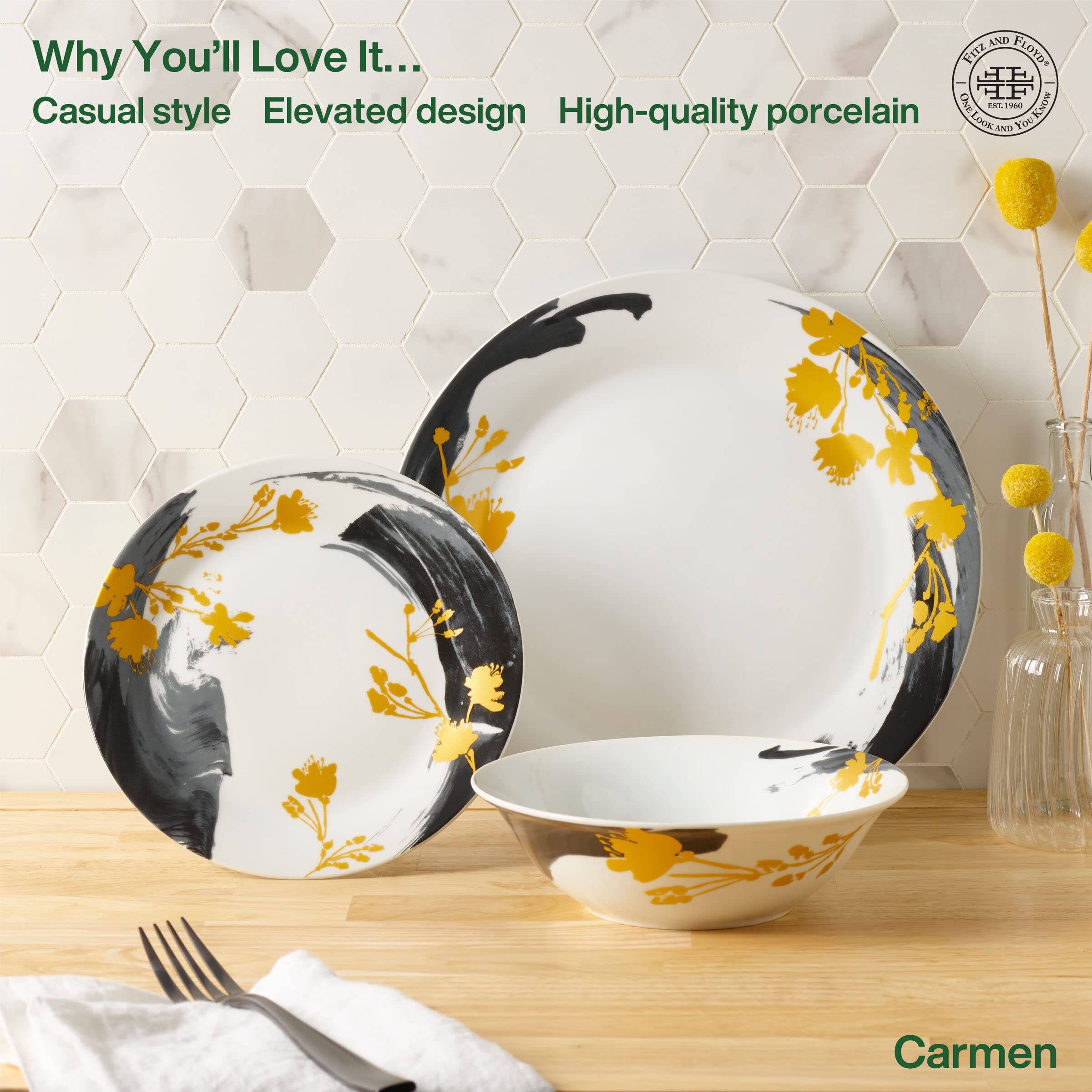 Fitz & Floyd Carmen 24-Piece Dinnerware Set - Service for 8, Colorful Porcelain Dinner Plates, Bowls & Cups - Elegant Table Setting for Holidays, Dinner Parties & Family Gatherings