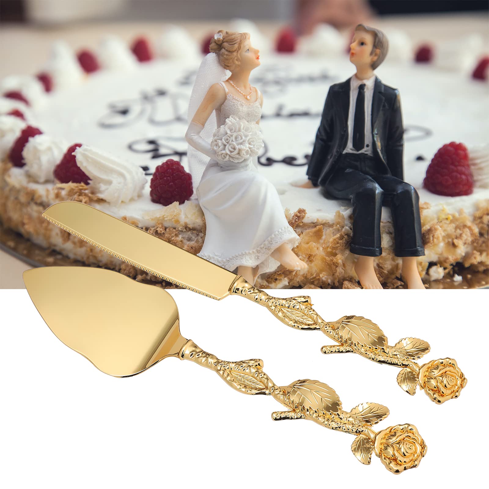 Personalized Gold Wedding Cake Knife and Server Set - Engraved Cake Cutting Set for Wedding, Birthday Party - Custom Rose Gold Pastry Pie & Pizza Cutter - Elegant Cake Serving Utensils for Special Occasions