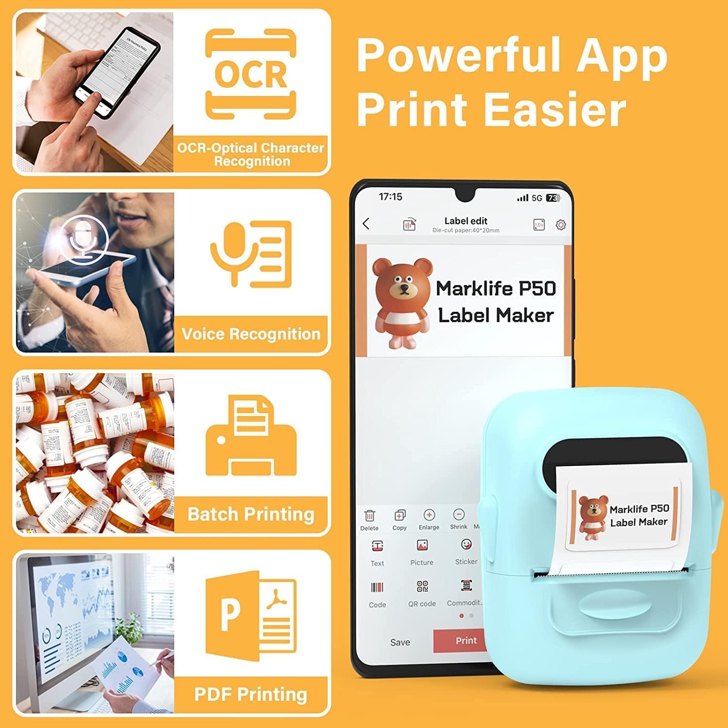 MARKLIFE Portable Bluetooth Label Maker Machine with Tape - Thermal Barcode Printer for Address, Clothing, Jewelry, Retail & Small Business - Home Office Organizer (Blue + 3 Labels W/C/T) | Perfect for Inventory, Shipping & Crafting