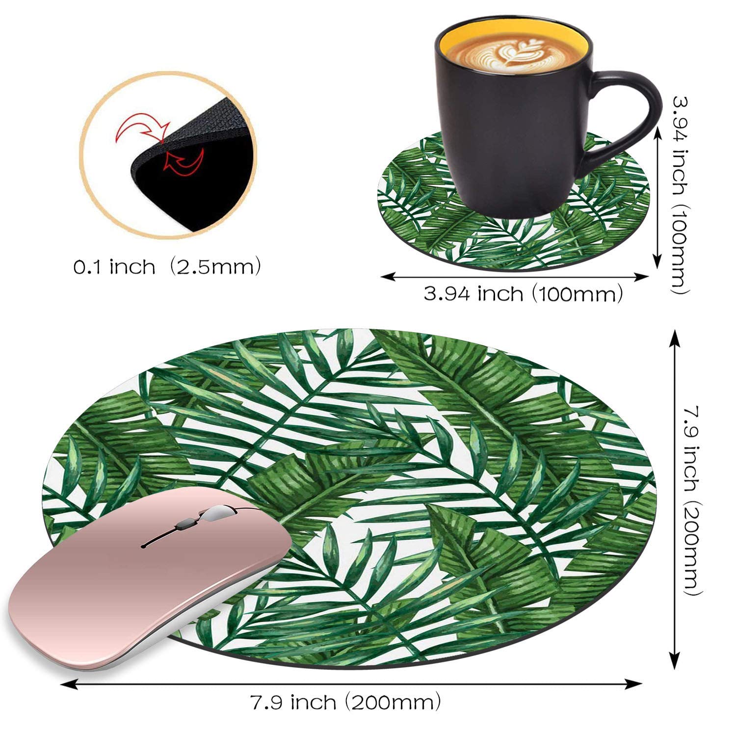 Non-Slip Tropical Palm Leaves Round Mouse Pad with Coasters Set - Ergonomic Rubber Mousepad for Computer & Laptop - Perfect Office Accessories & Desk Decor for Home, Gaming, and Workstations
