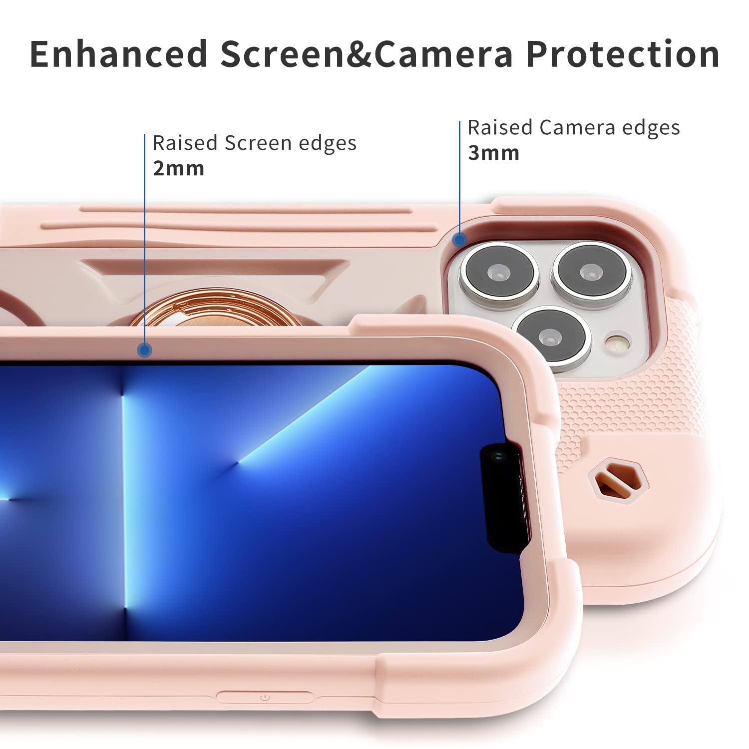 Premium Shockproof iPhone 13 Pro Max Case 6.7 Inch with Ring Stand - Includes 2 Pack Tempered Glass Screen Protector + Camera Lens Protector - Heavy Duty Protective Cover (Pink) - Perfect for Work, Travel & Outdoor Activities