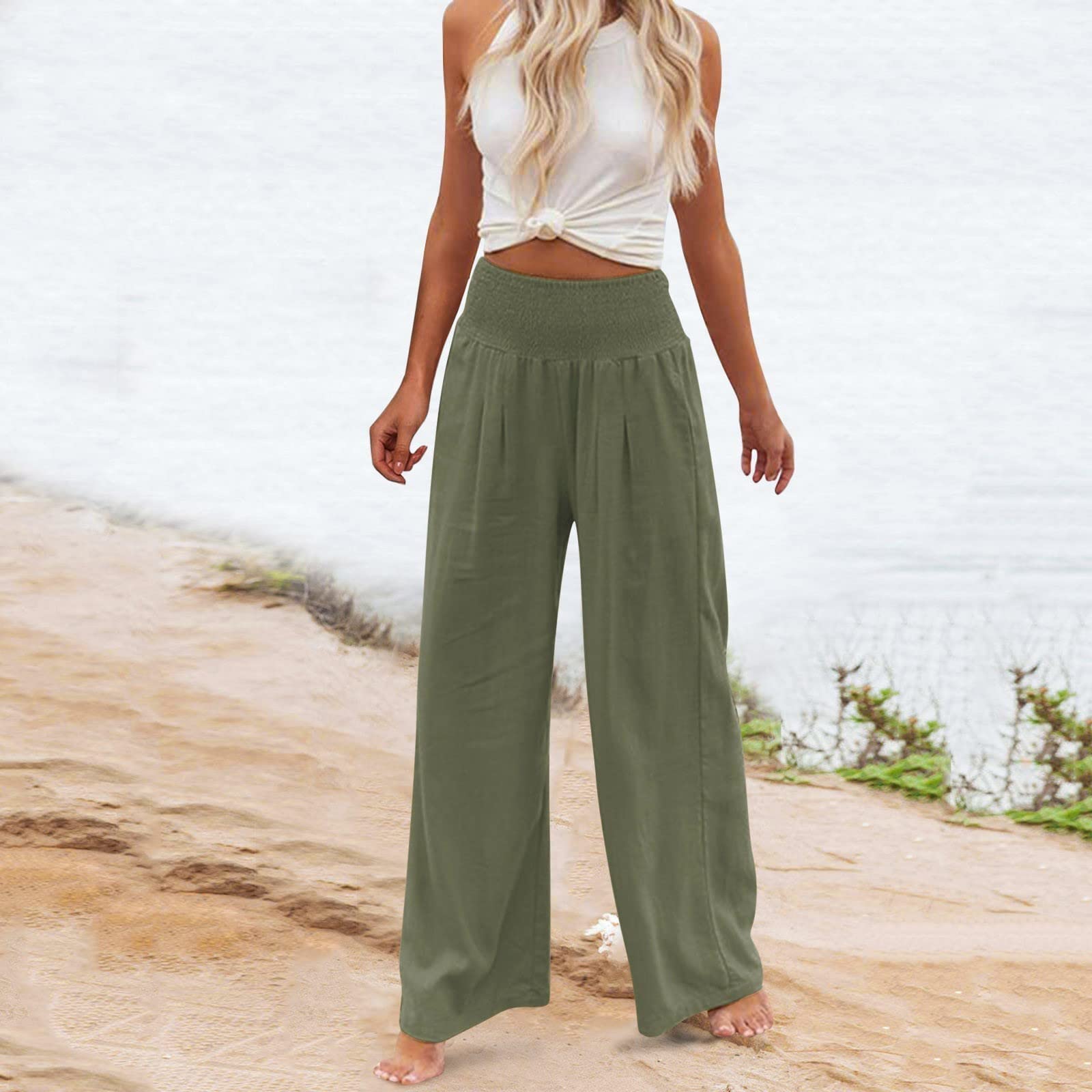 Women's Linen Wide Leg Yoga Pants - Lightweight Summer Palazzo Lounge Pants | Breathable Flowy Loose Comfortable Pants for Yoga, Beach, Travel & Casual Wear