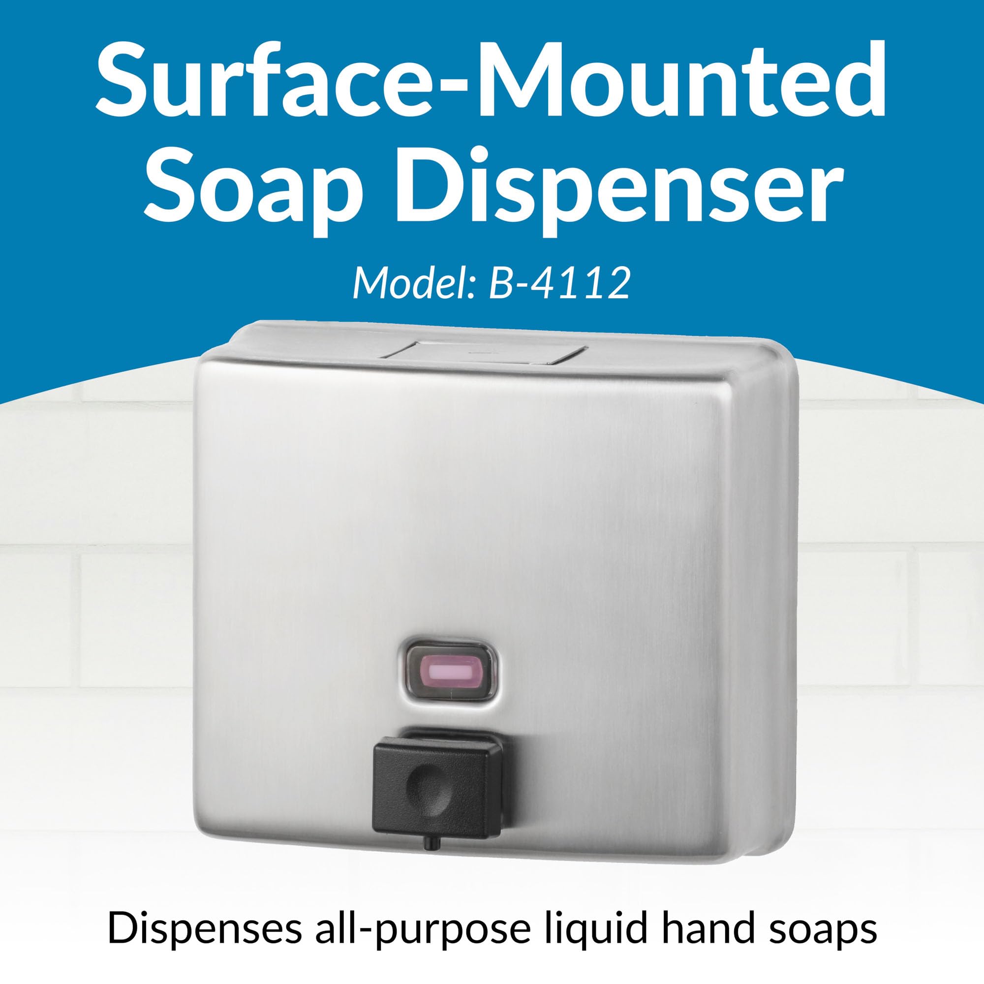 Bobrick B-4112 Wall-Mounted Liquid Soap Dispenser - 40oz Stainless Steel Commercial Soap Dispenser with Vandal-Resistant Design & Refill Indicator - Top Fill Soap Dispenser for Restrooms, Hospitals, Schools & Office Buildings