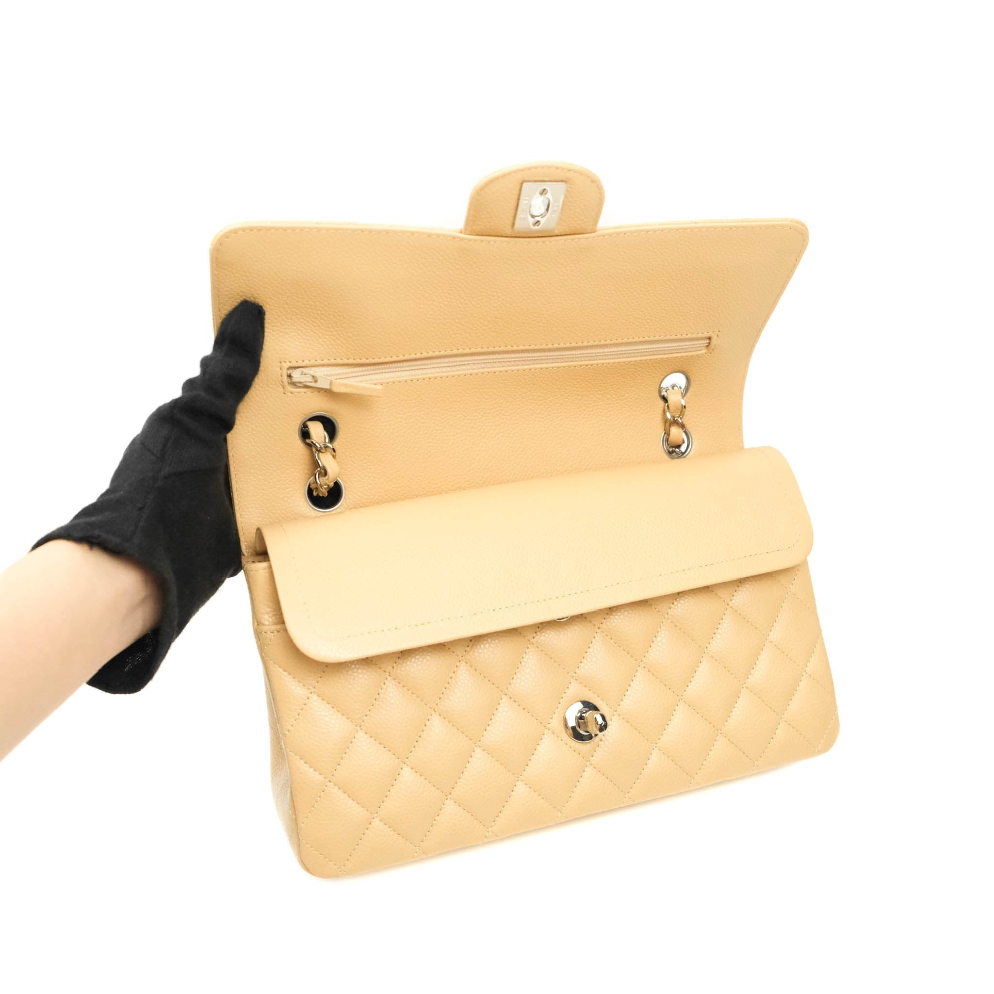 Chanel Classic M/L Medium Double Flap Bag in Beige Caviar Leather with Silver Hardware - Luxury Handbag for Women, Perfect for Work, Parties & Everyday Use