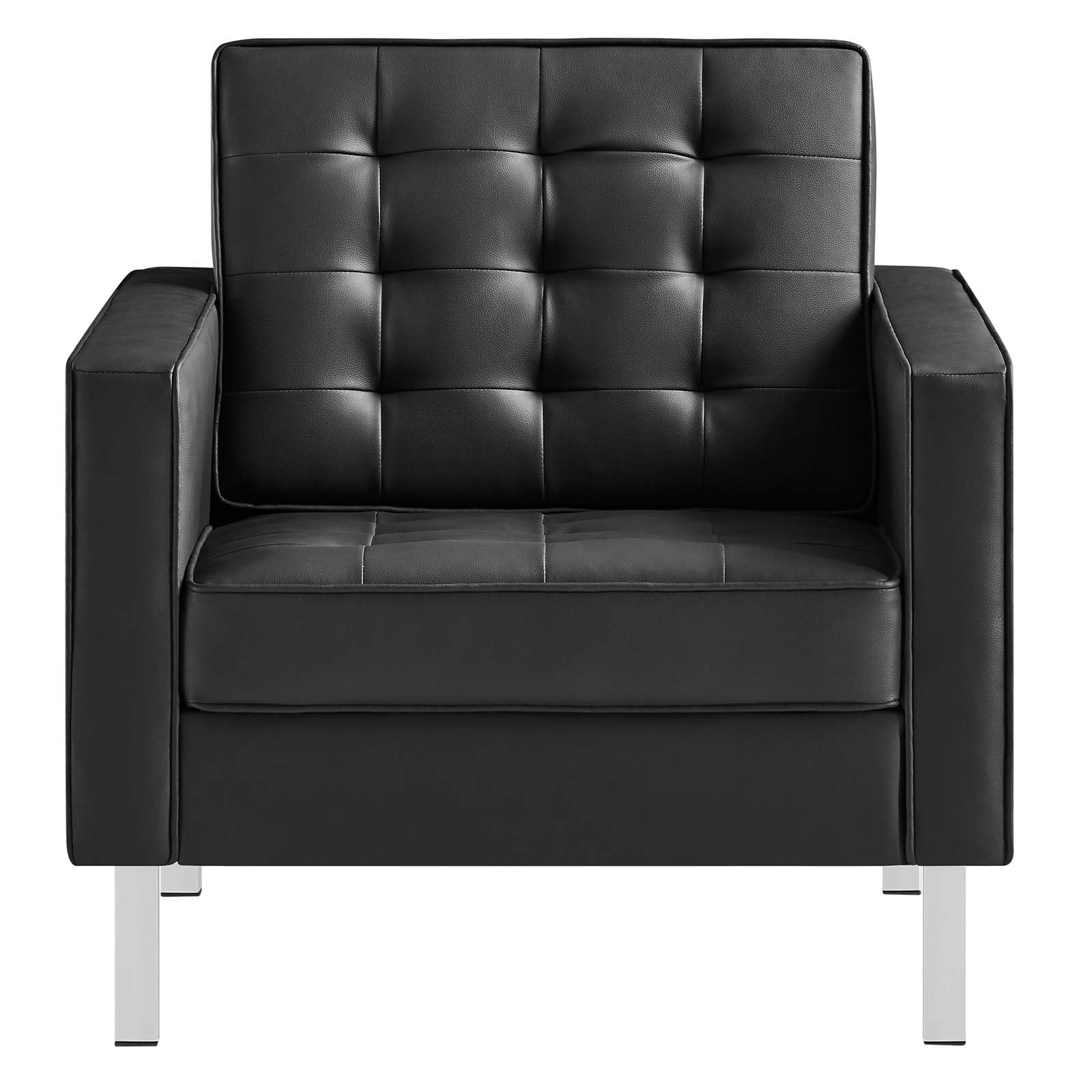 Modway Loft Tufted Button Faux Leather Accent Armchair - Silver Black Upholstered Living Room Chair for Home Office, Lounge & Reading Nook