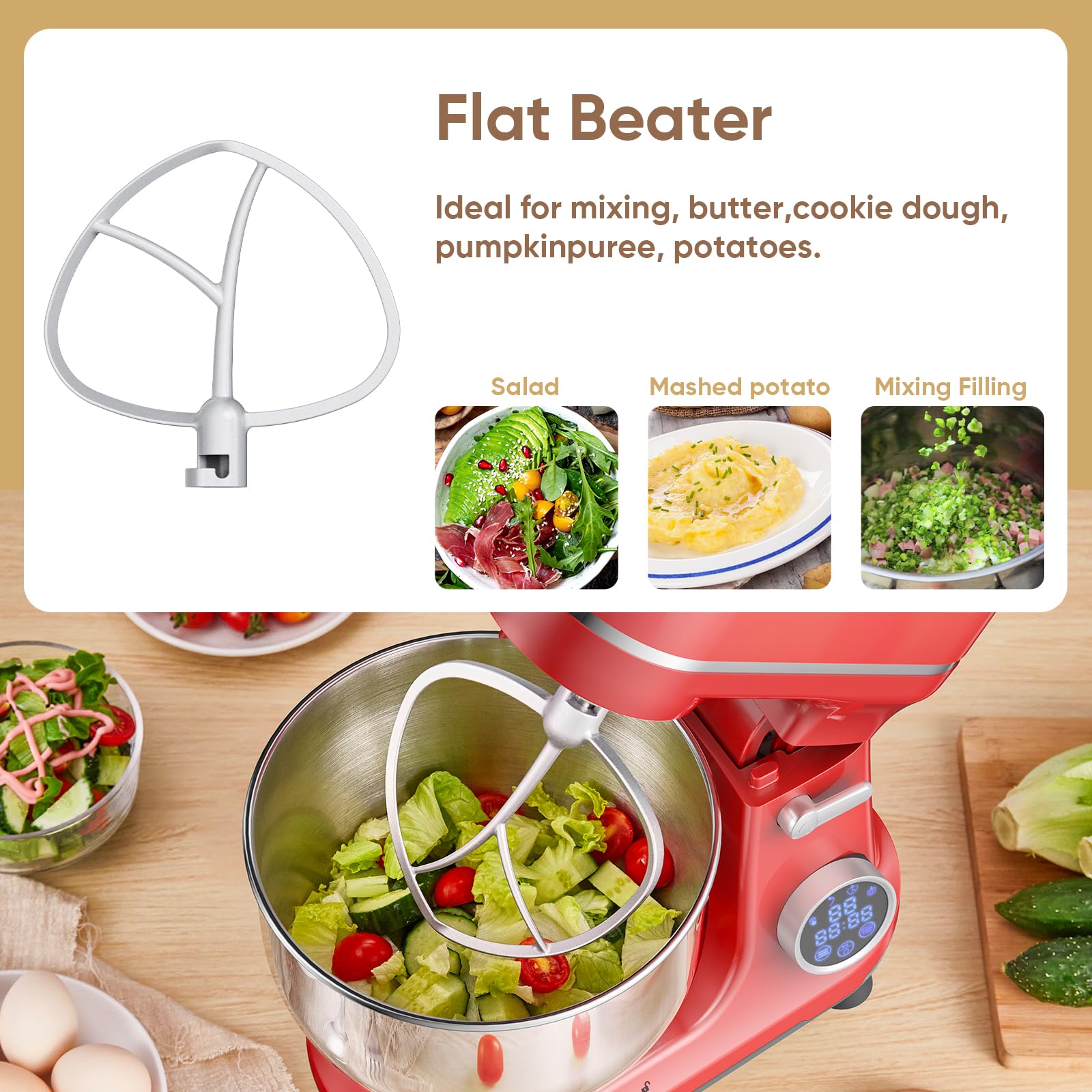 BioloMix 1200W Stand Mixer with 11-Speed Tilt Head & Digital OLED Screen - Includes Dough Hook, Flat Beater, Whisk (Red) - Perfect for Baking Cakes, Cookies, Bread & More in Your Kitchen
